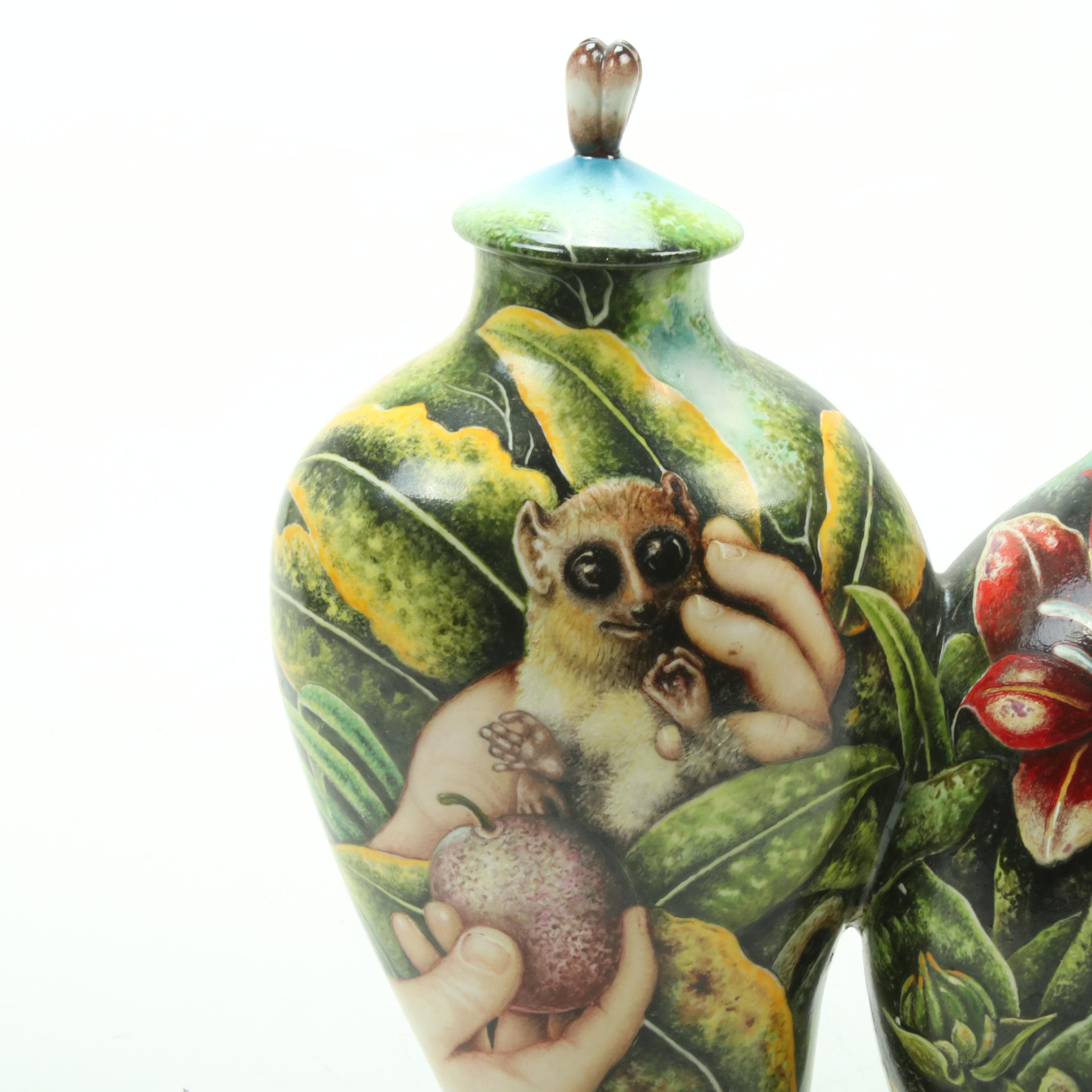 Kurt Weiser Hand-Painted Porcelain Conjoined Bottles with Loris
