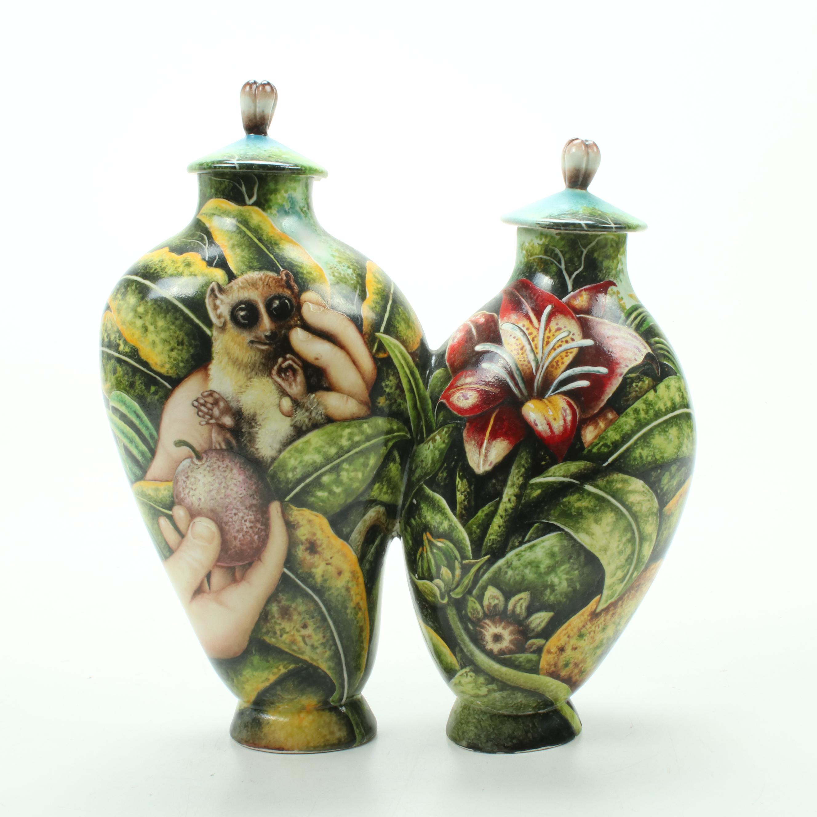 Kurt Weiser Hand-Painted Porcelain Conjoined Bottles with Loris
