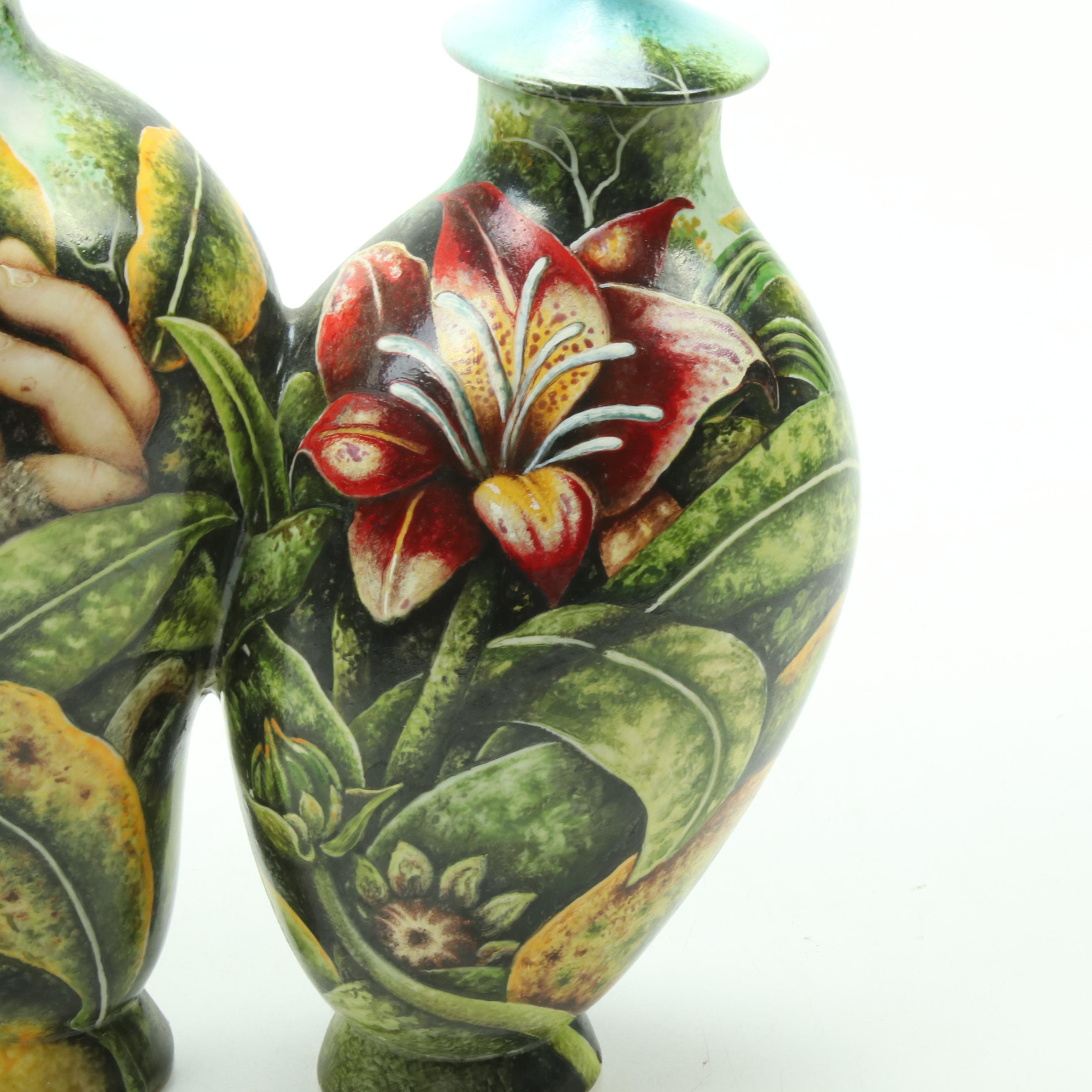 Kurt Weiser Hand-Painted Porcelain Conjoined Bottles with Loris