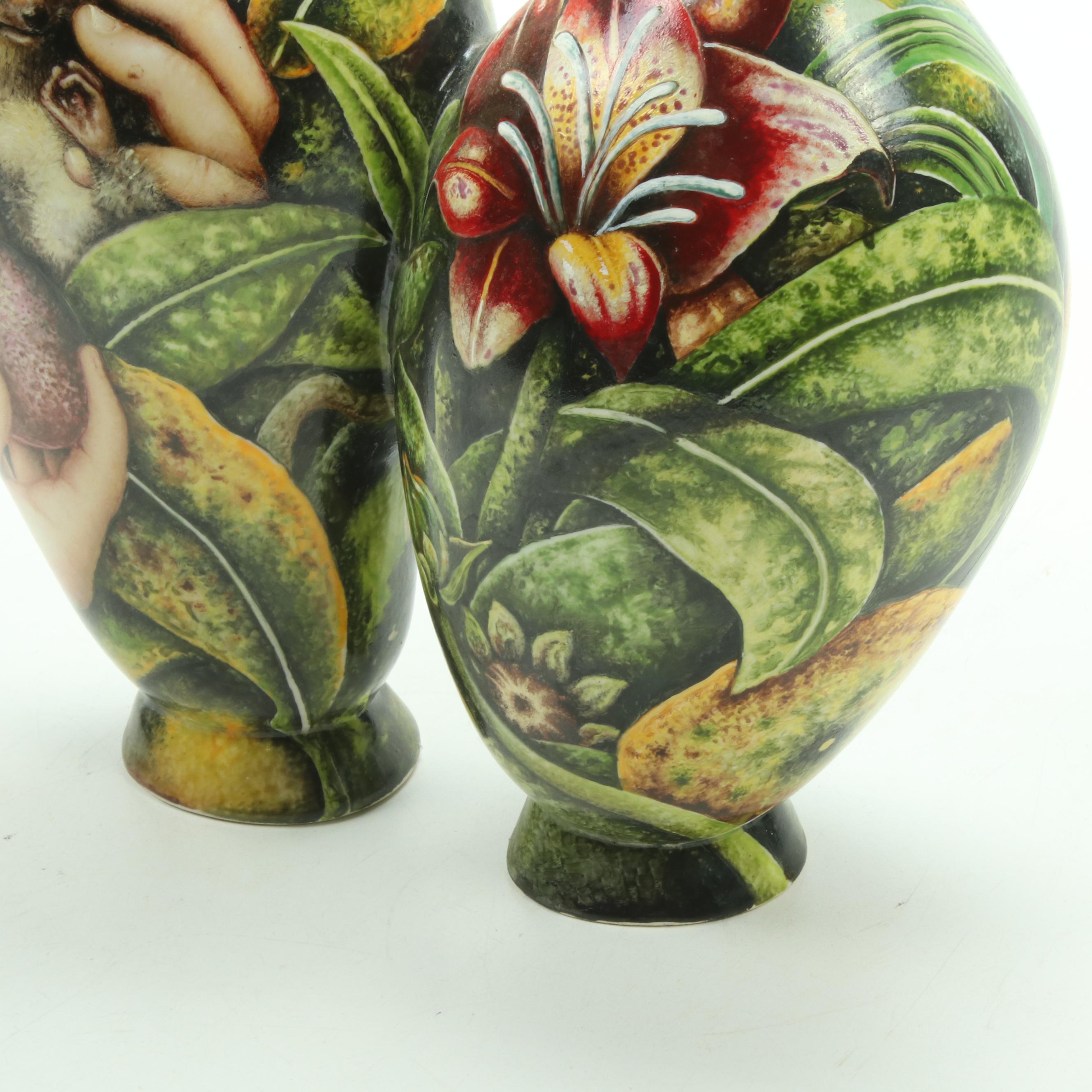 Kurt Weiser Hand-Painted Porcelain Conjoined Bottles with Loris