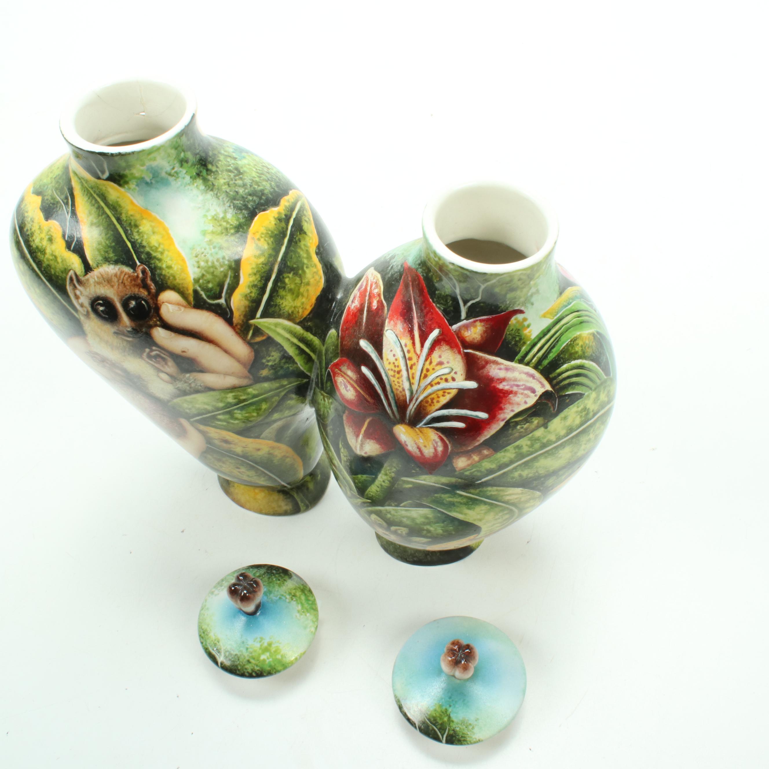 Kurt Weiser Hand-Painted Porcelain Conjoined Bottles with Loris