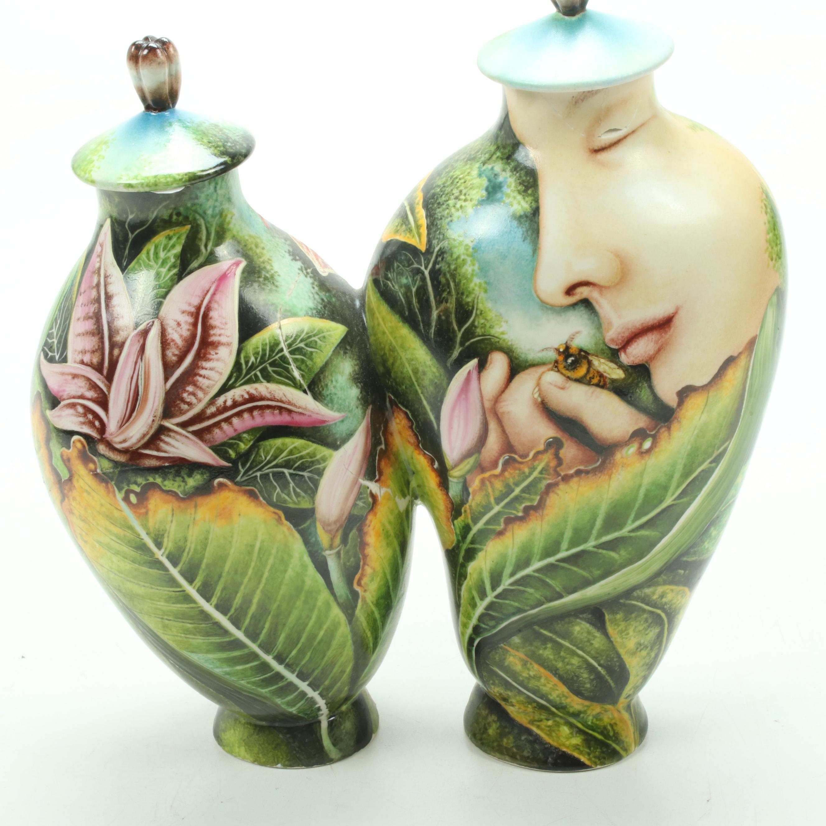 Kurt Weiser Hand-Painted Porcelain Conjoined Bottles with Loris