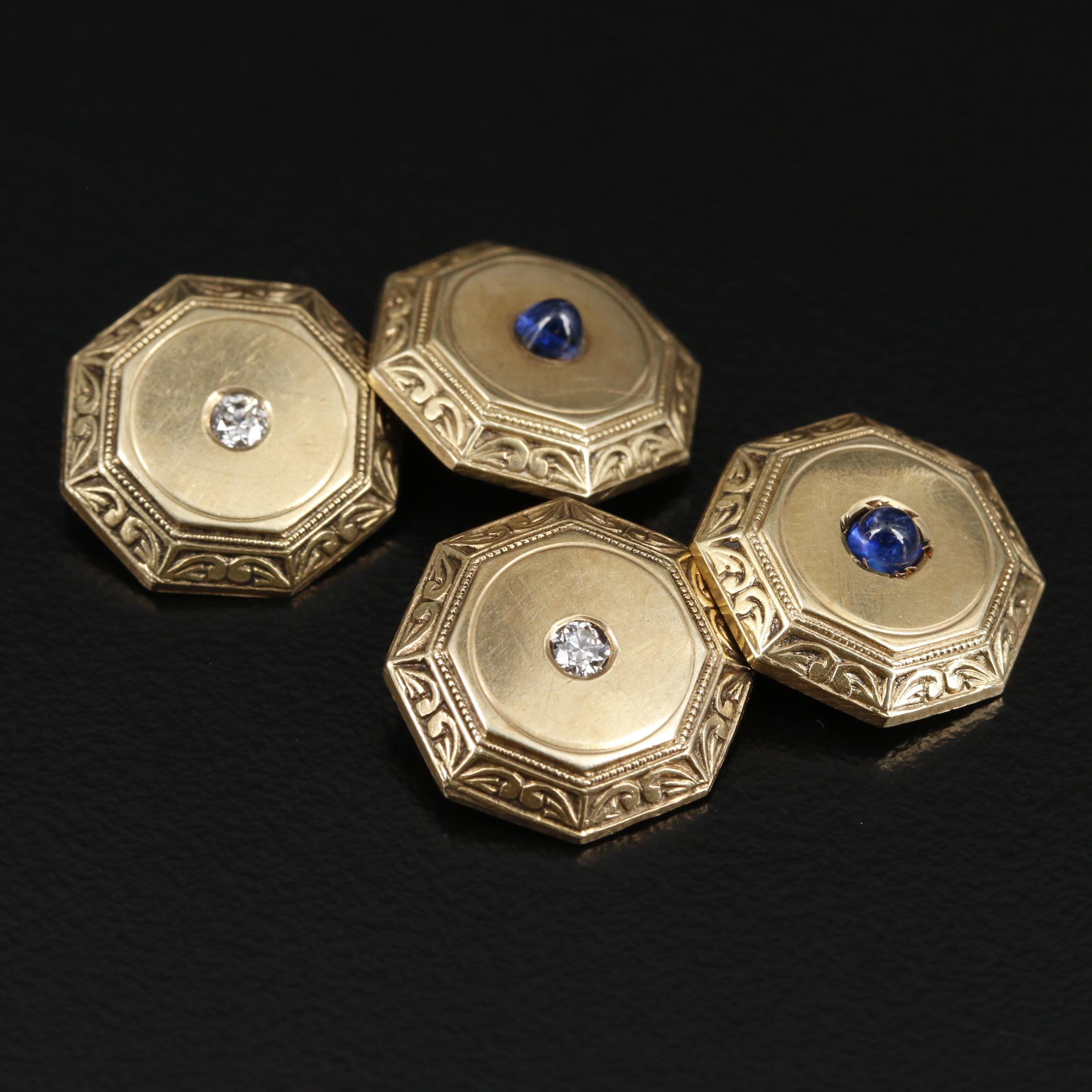 Vintage 14K Diamond and Synthetic Sapphire Cufflinks