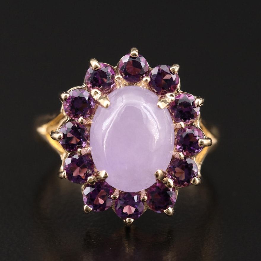 14K Gold Jadeite and Amethyst Halo Ring