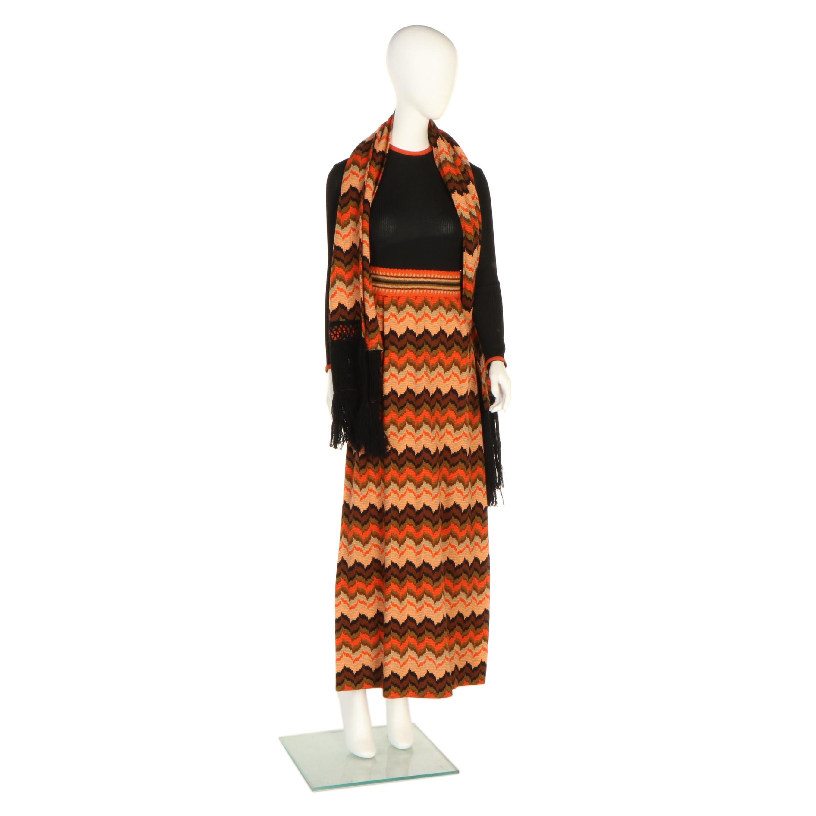 Saks Fifth Avenue Flame Stitch Wool Blend Knit Dress and Wrap, 1960s Vintage