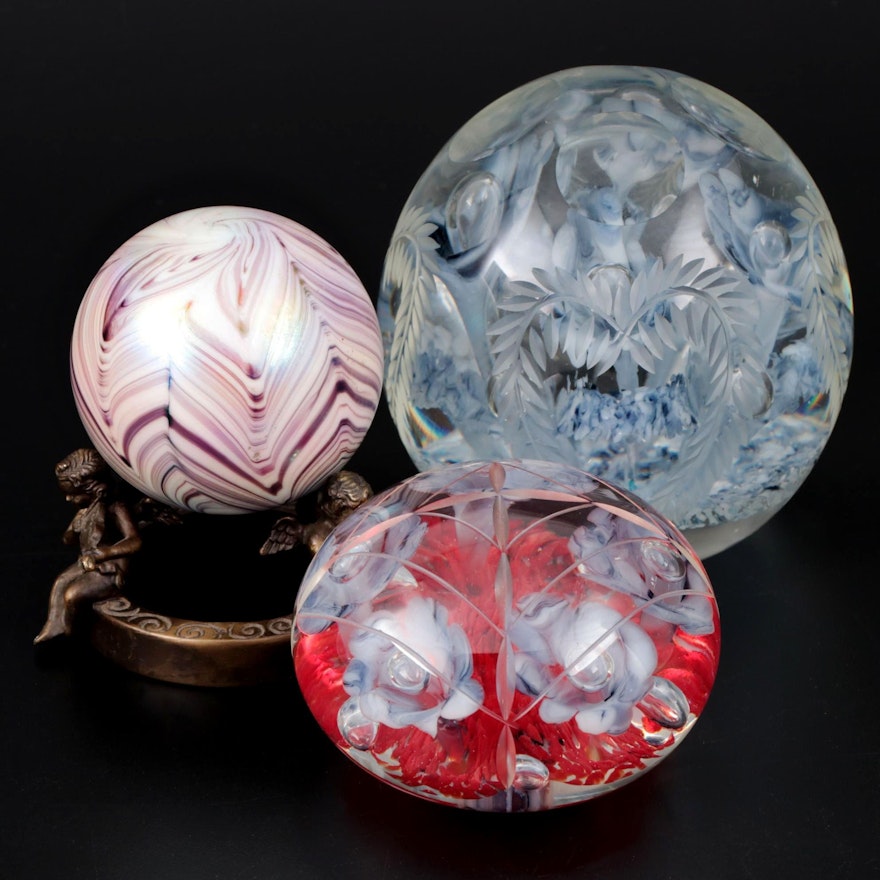 Joe Rice Art Glass Paperweights with Feathered Art Glass Paperweight and Stand