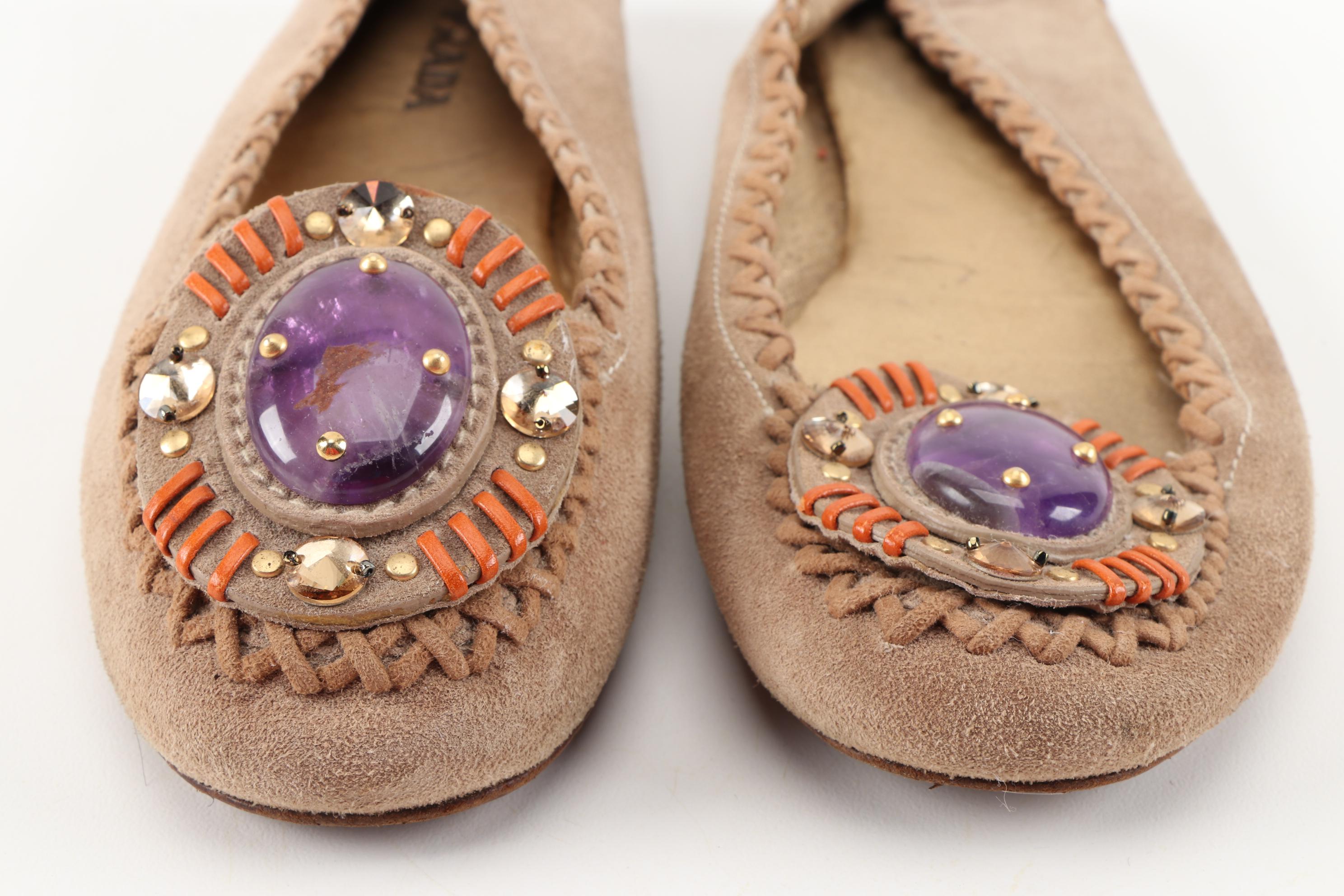 Prada Whipstitch Tan Suede Embellished Loafers