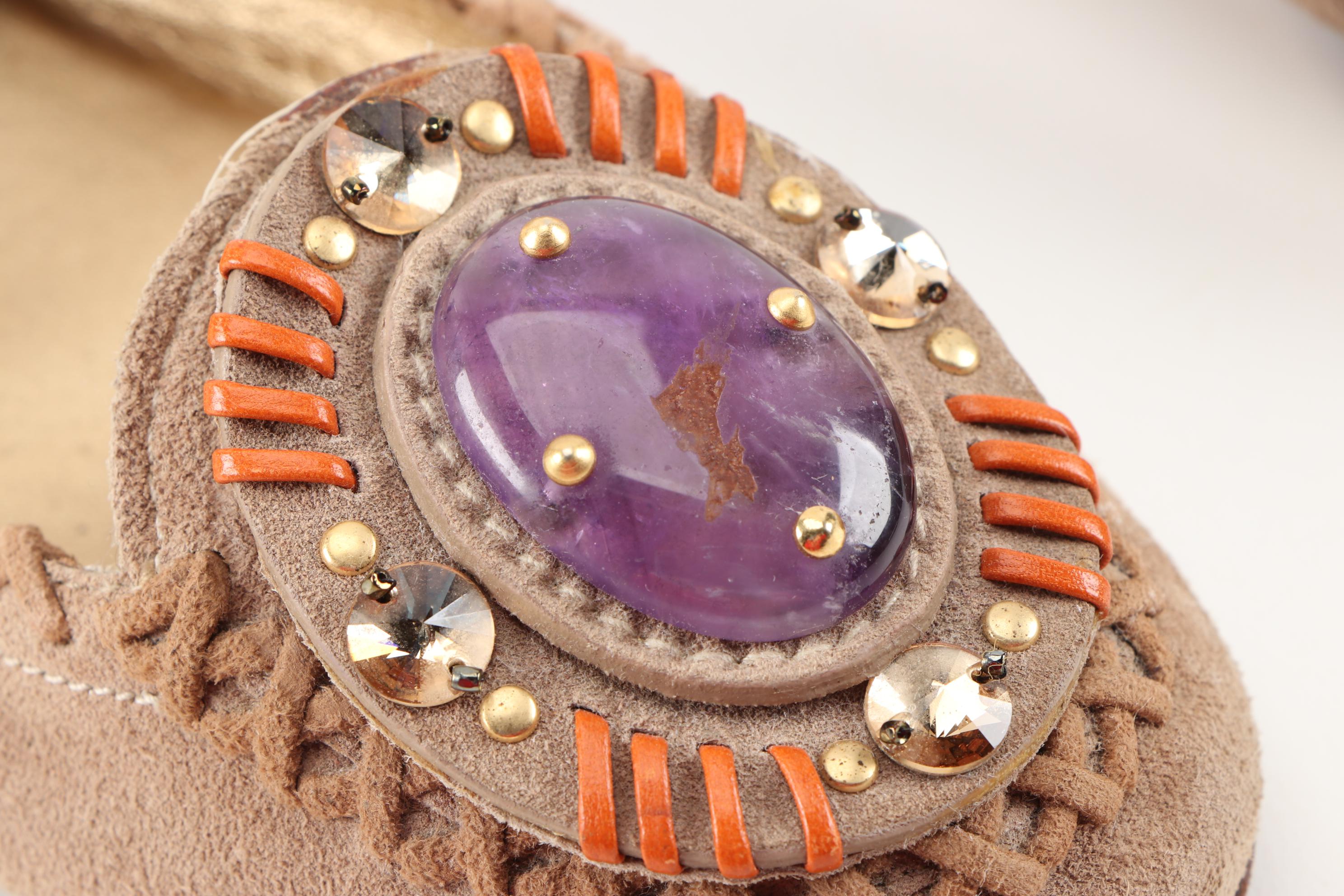 Prada Whipstitch Tan Suede Embellished Loafers