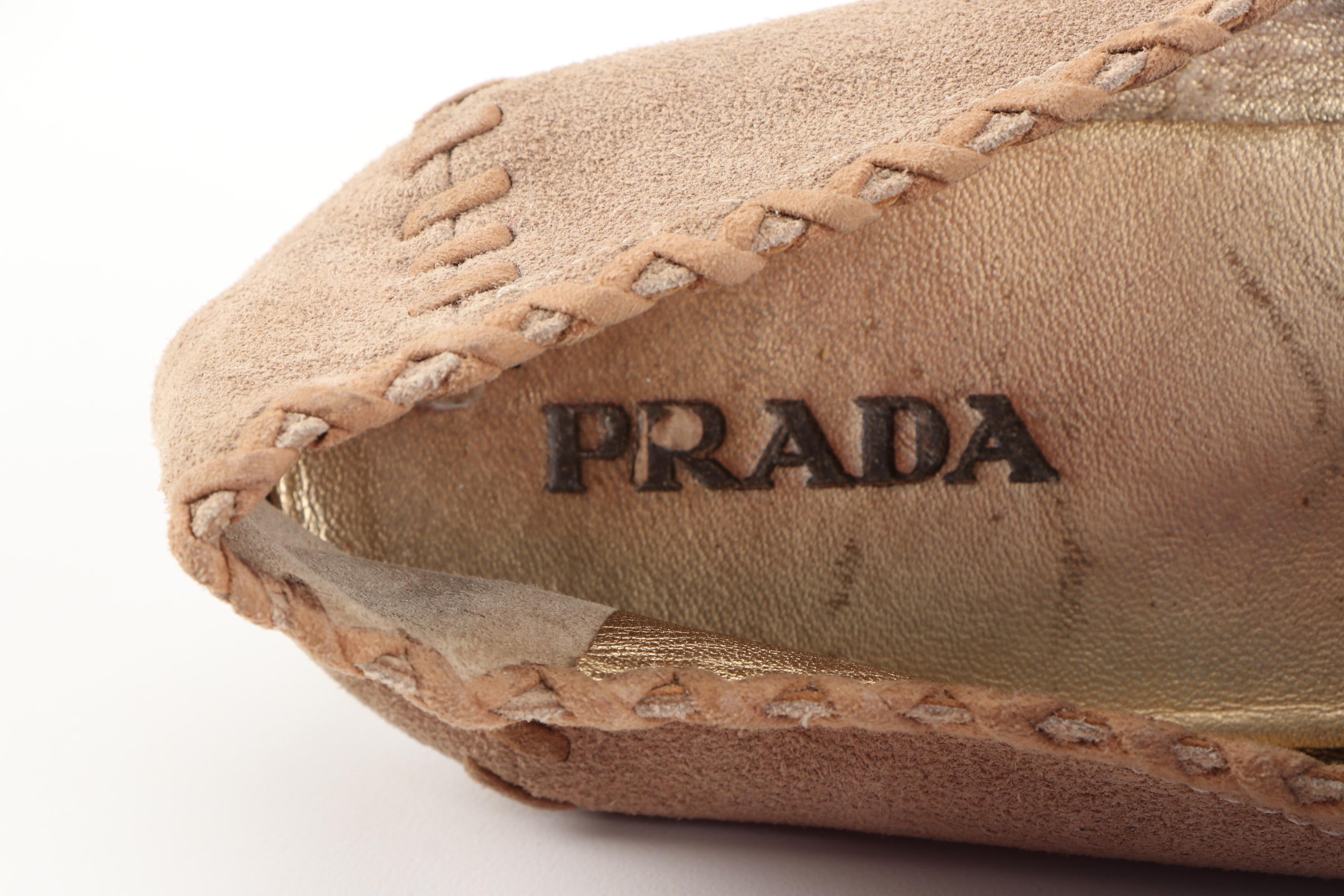 Prada Whipstitch Tan Suede Embellished Loafers