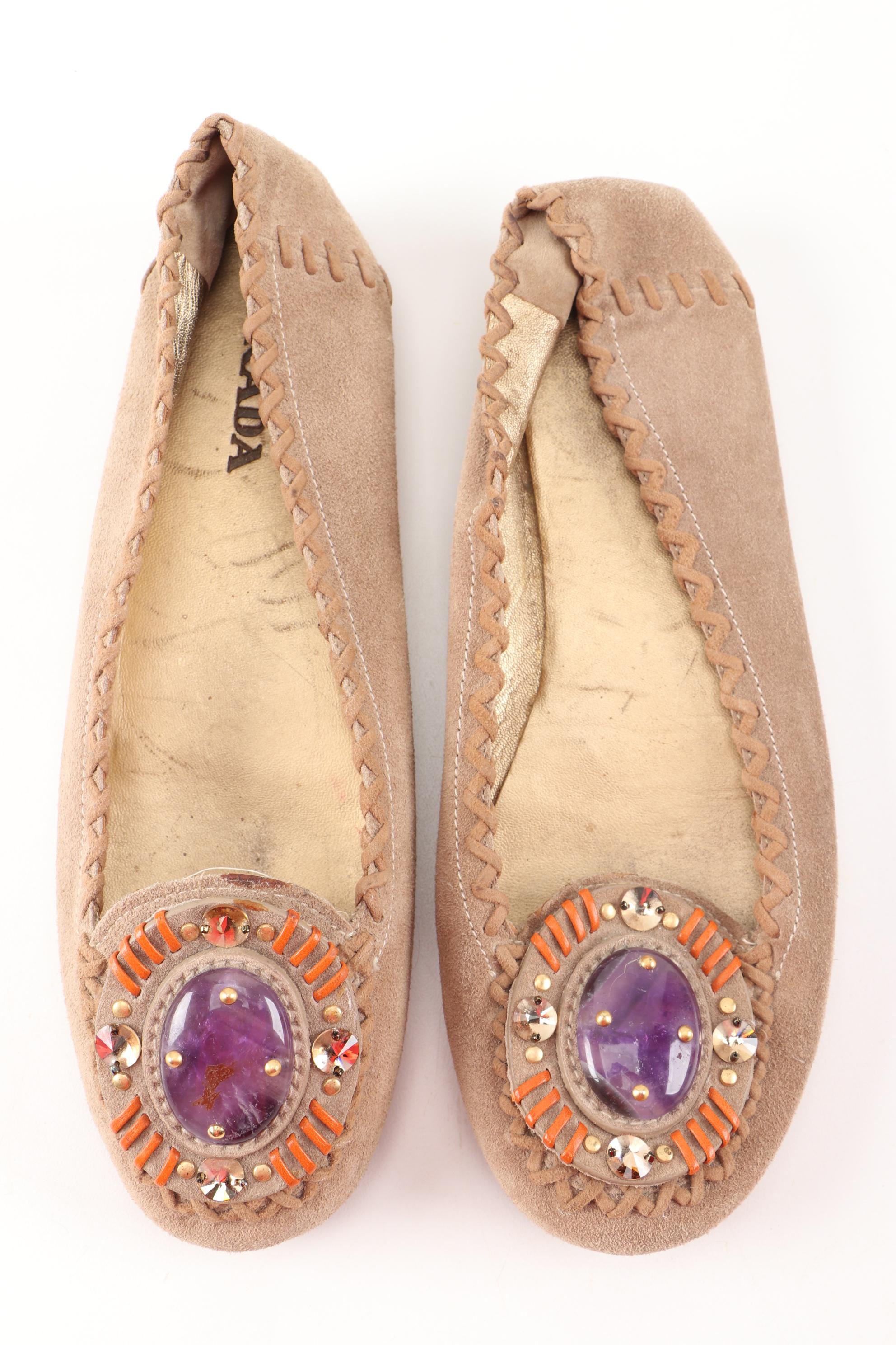 Prada Whipstitch Tan Suede Embellished Loafers