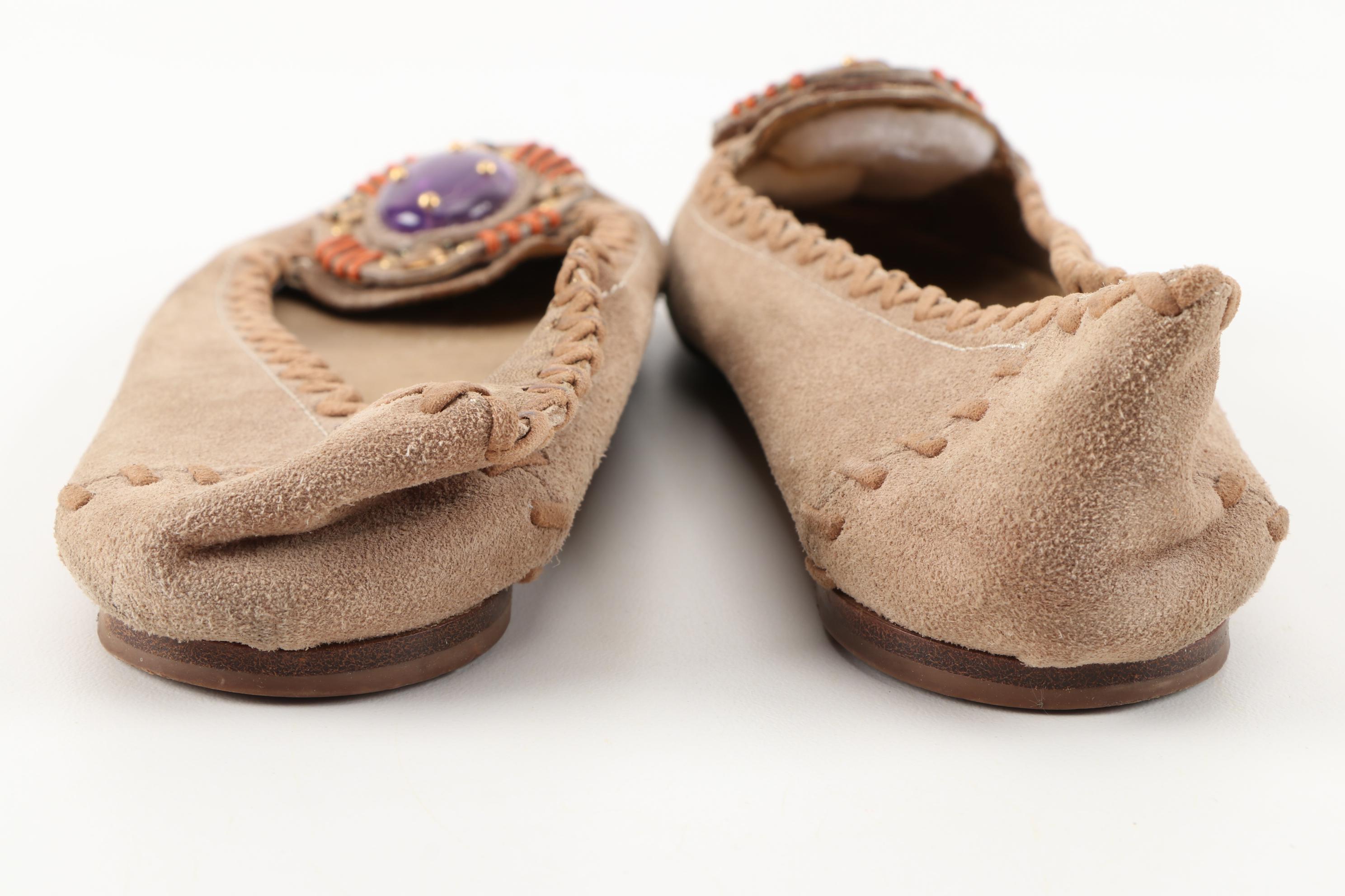 Prada Whipstitch Tan Suede Embellished Loafers