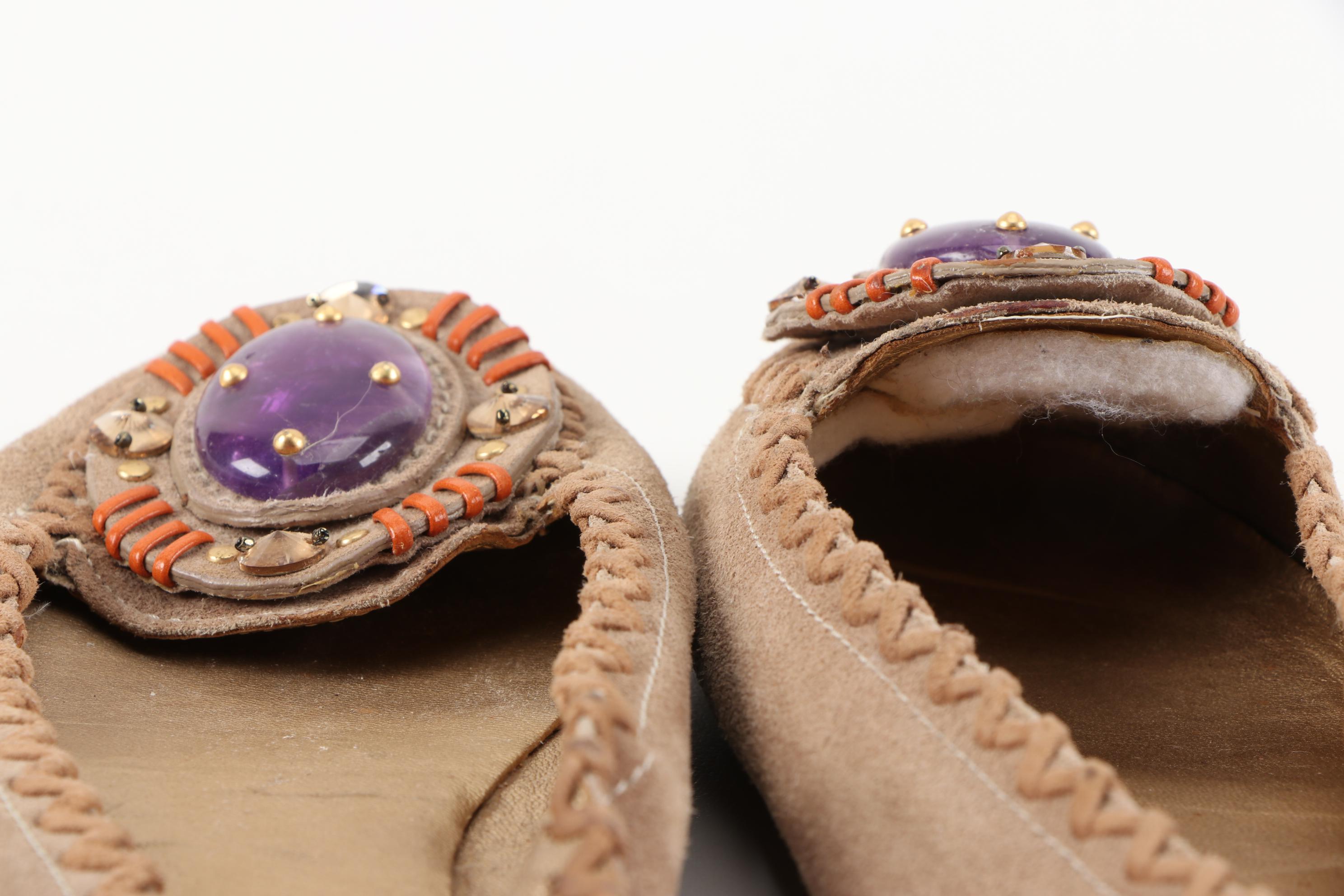 Prada Whipstitch Tan Suede Embellished Loafers