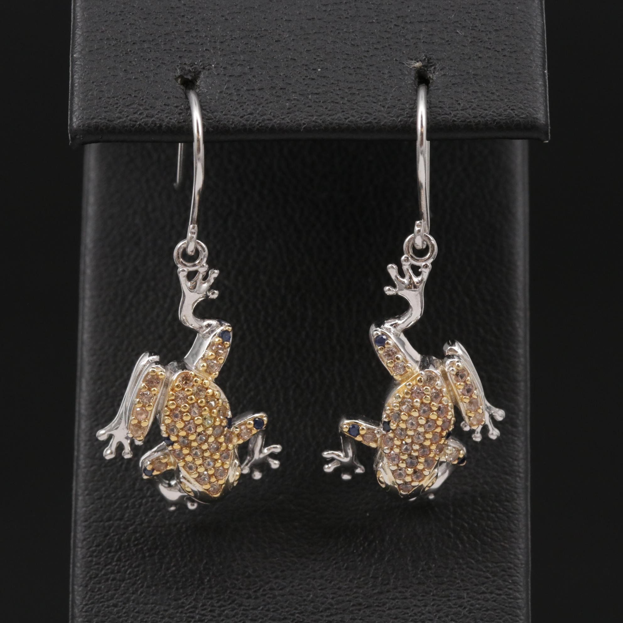 Sterling Silver Sapphire Frog Dangle Earrings