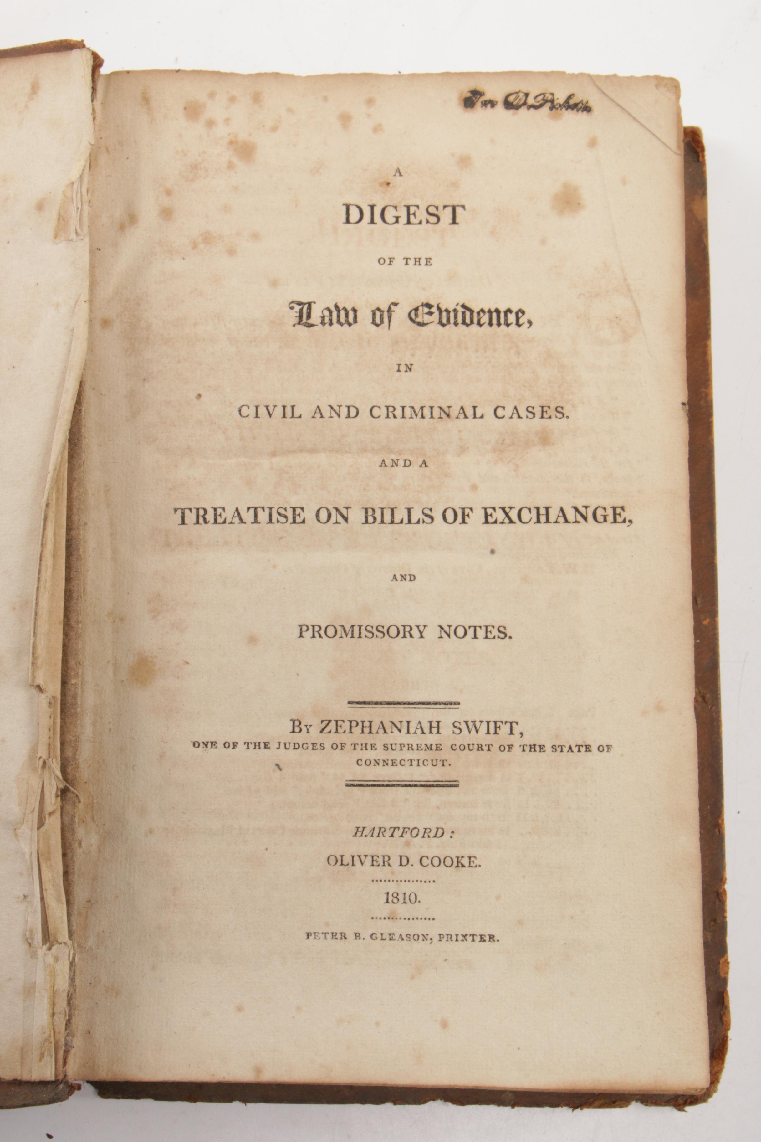 1810 First Edition "A Digest of the Laws of Evidence" by Zephaniah Swift