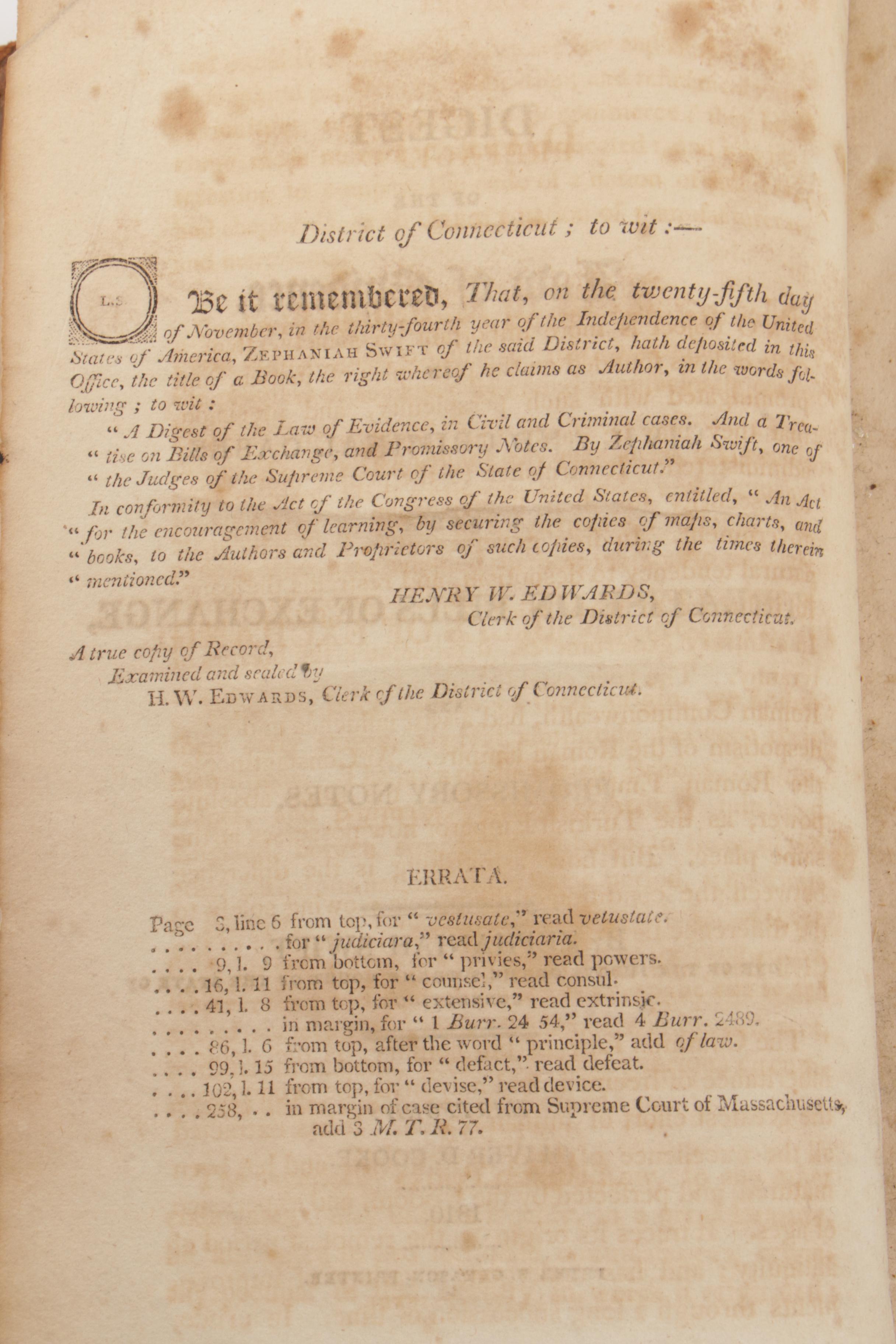 1810 First Edition "A Digest of the Laws of Evidence" by Zephaniah Swift