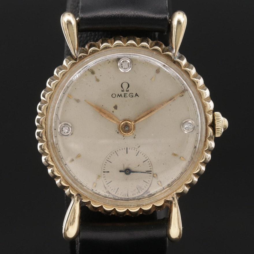 1944 Omega 14K Yellow Gold and Diamond Stem Wind Wristwatch, Vintage