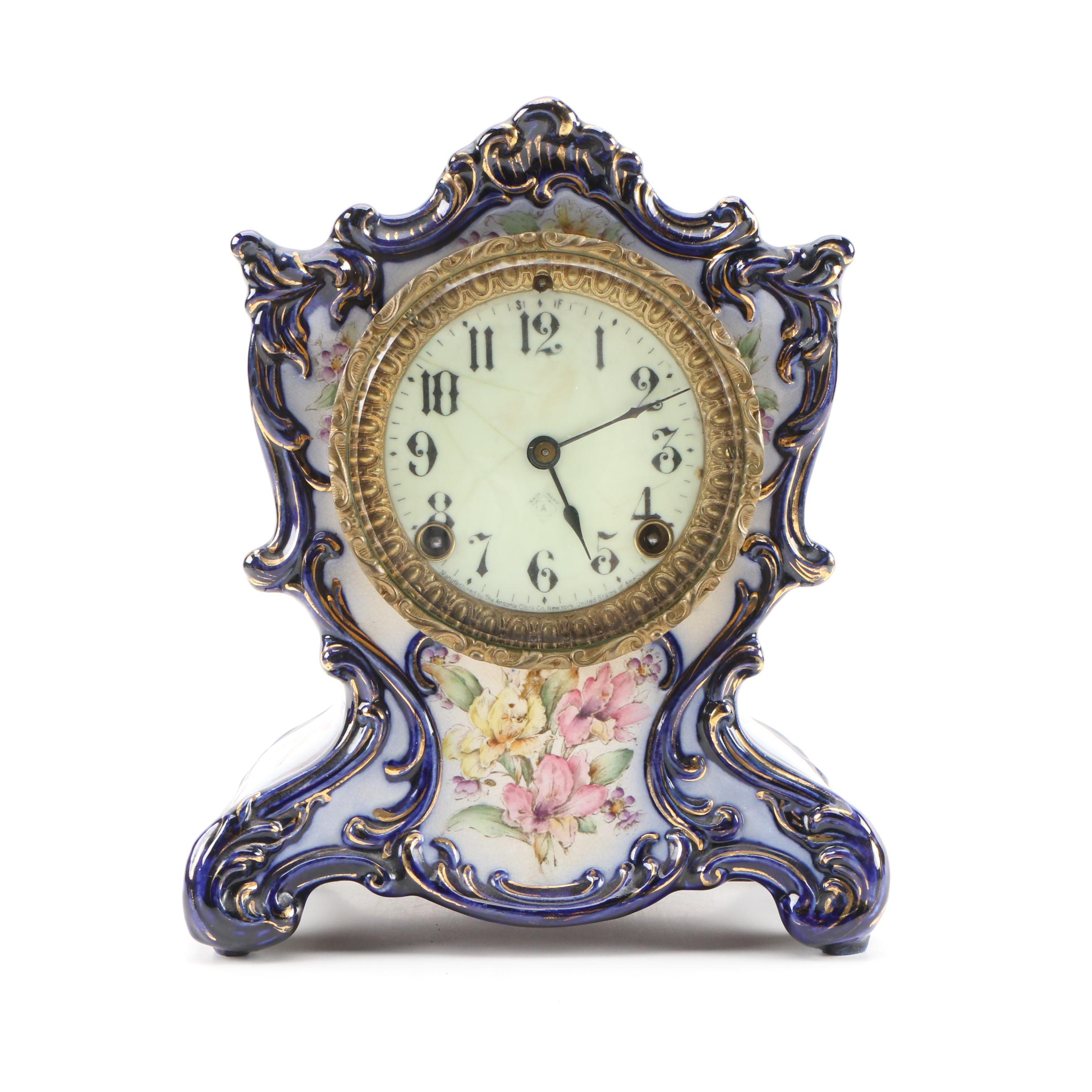 Ansonia Porcelain Mantel Clock with HandPainted Floral Motif EBTH