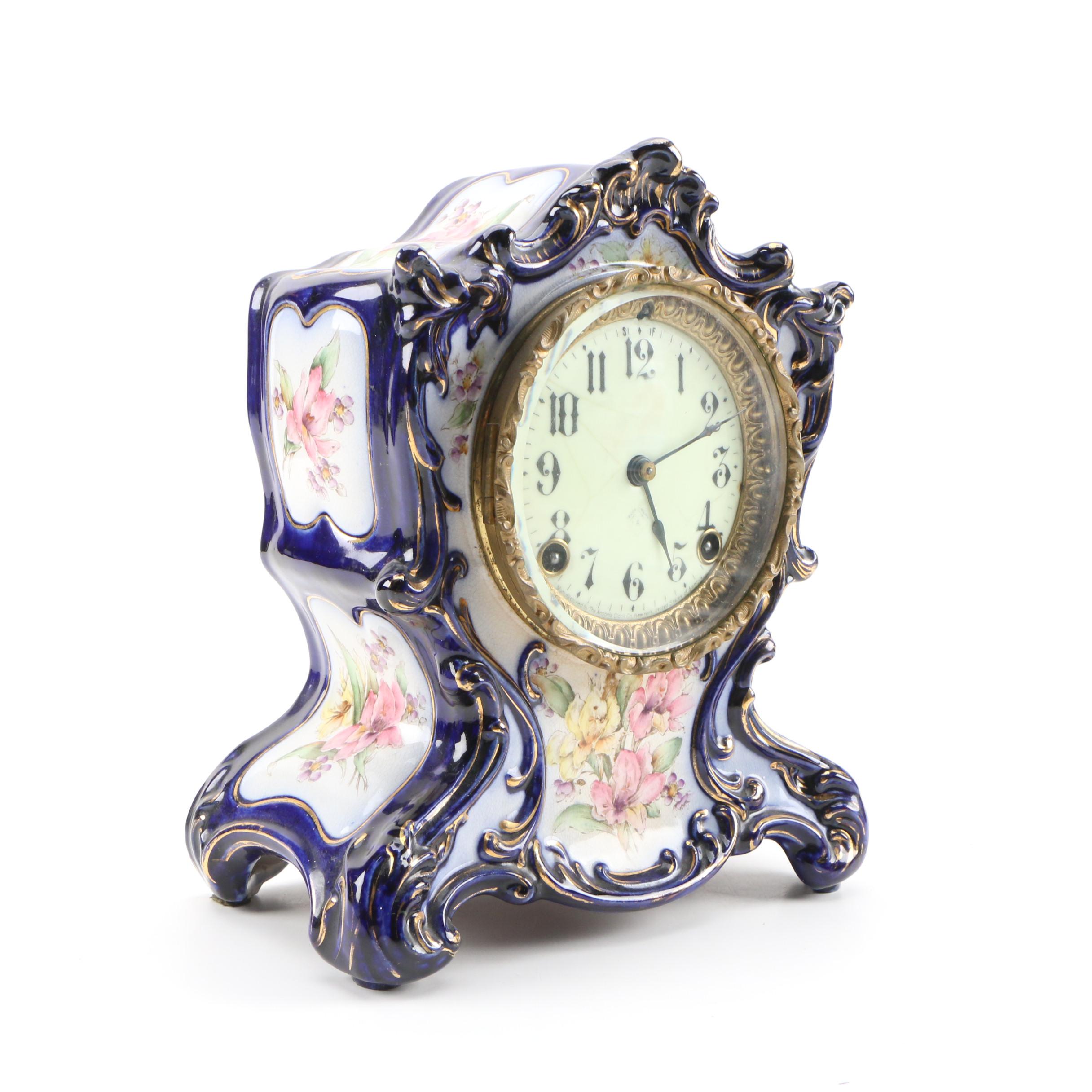 Ansonia Porcelain Mantel Clock with HandPainted Floral Motif EBTH