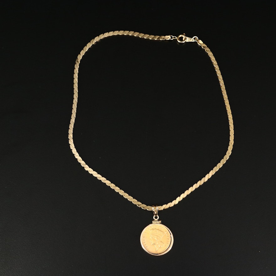 1874 $3 Indian Head Princess Gold Coin Pendant with Gold Tone Necklace