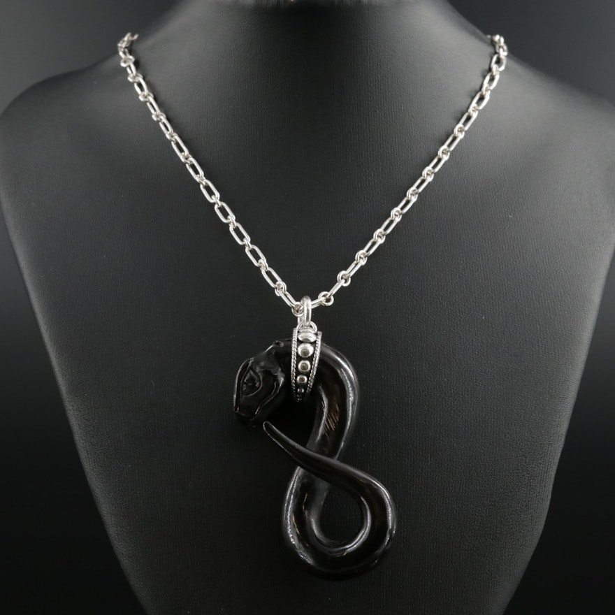 Barry Brinker 950 Silver Carved Horn Serpent Pendant Necklace