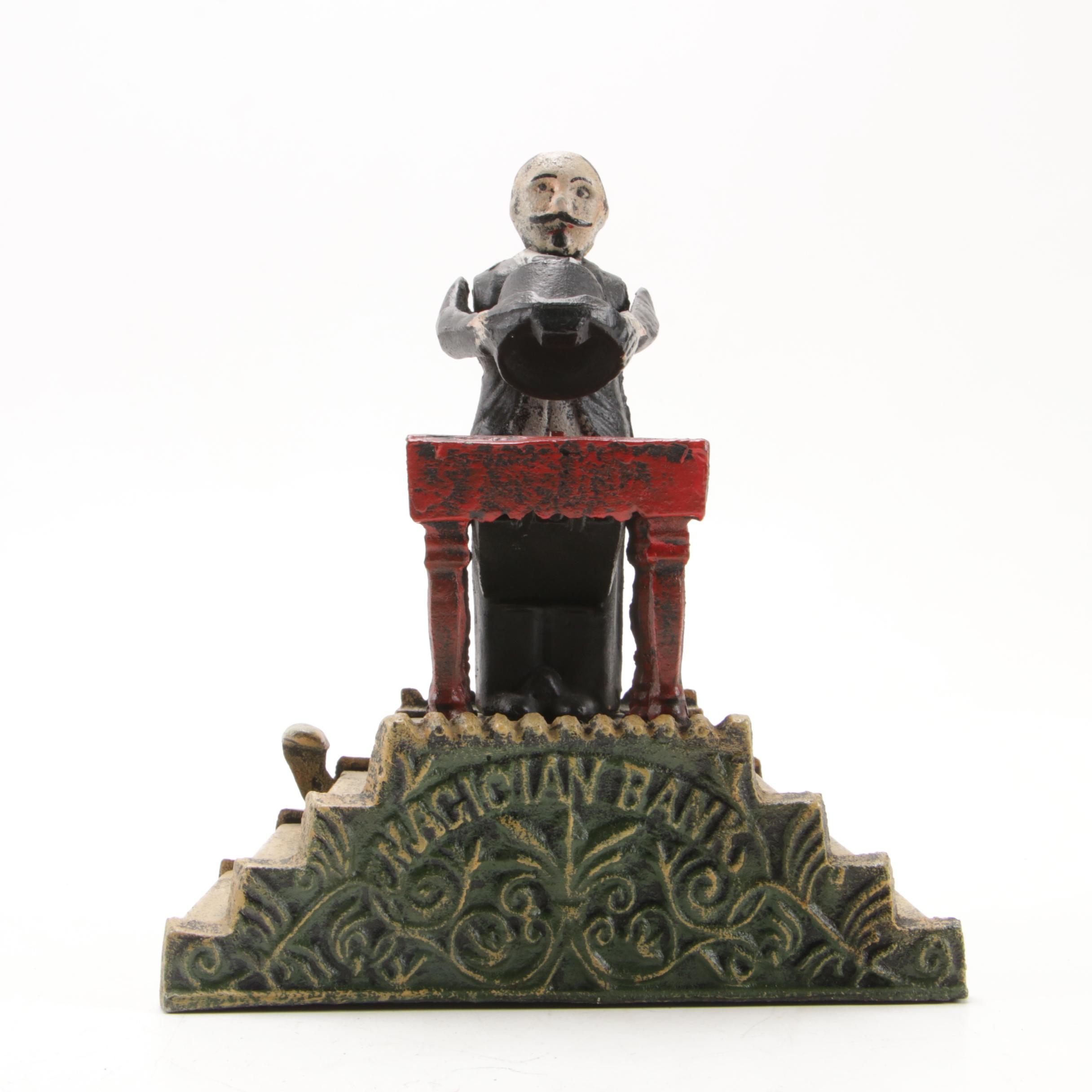 Magician with Hat Polychrome Painted Mechanical Cast Iron Bank