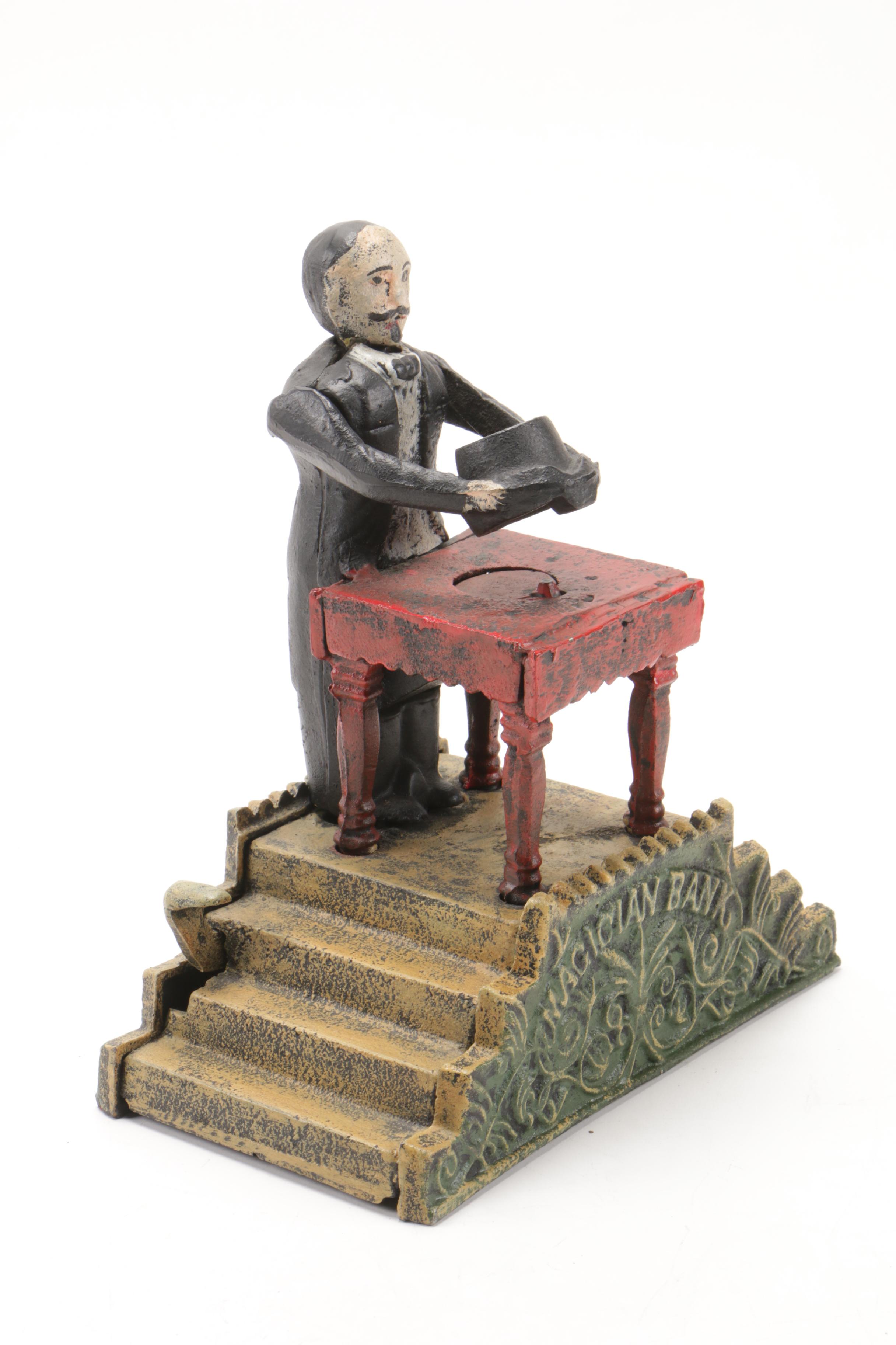 Magician with Hat Polychrome Painted Mechanical Cast Iron Bank