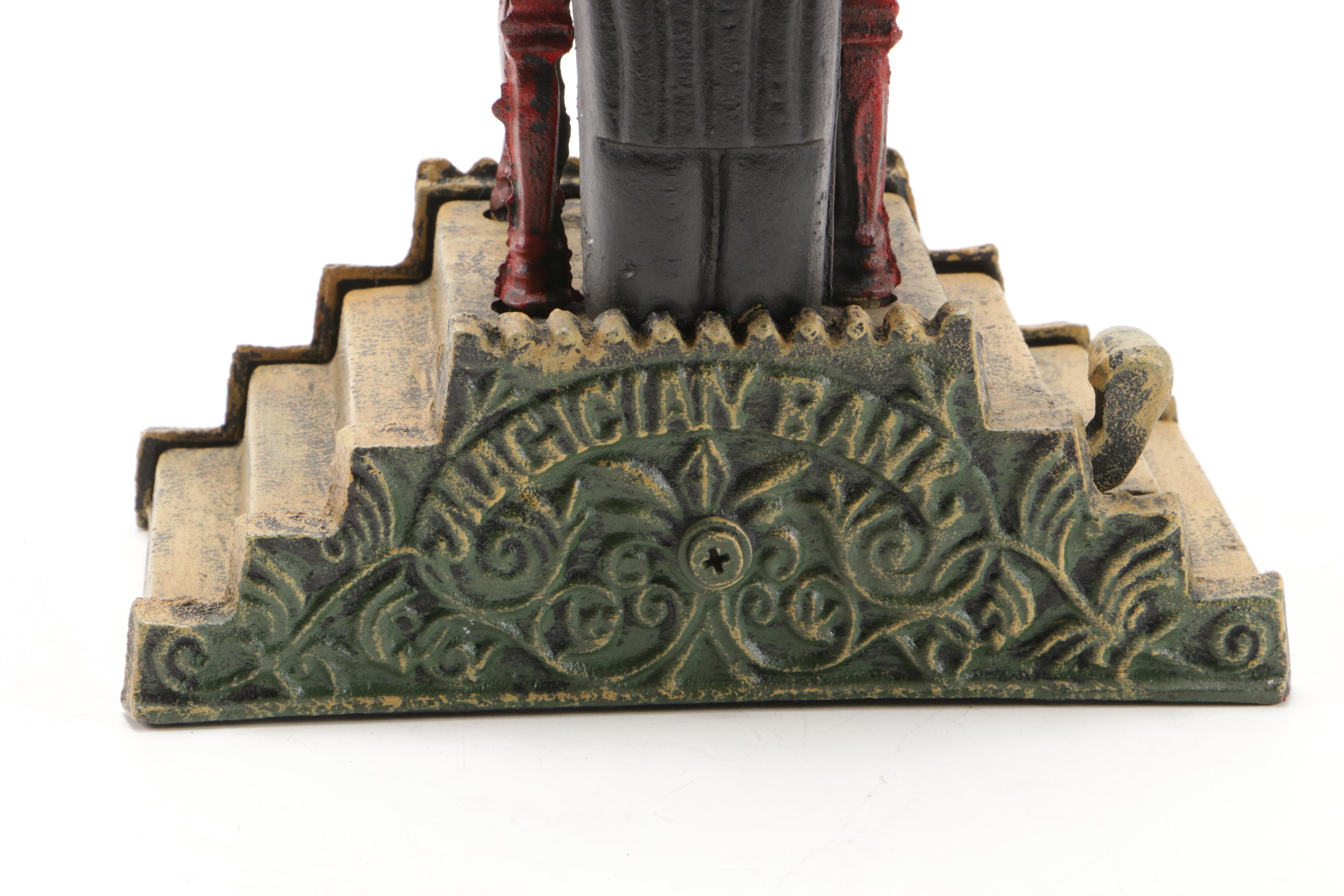 Magician with Hat Polychrome Painted Mechanical Cast Iron Bank