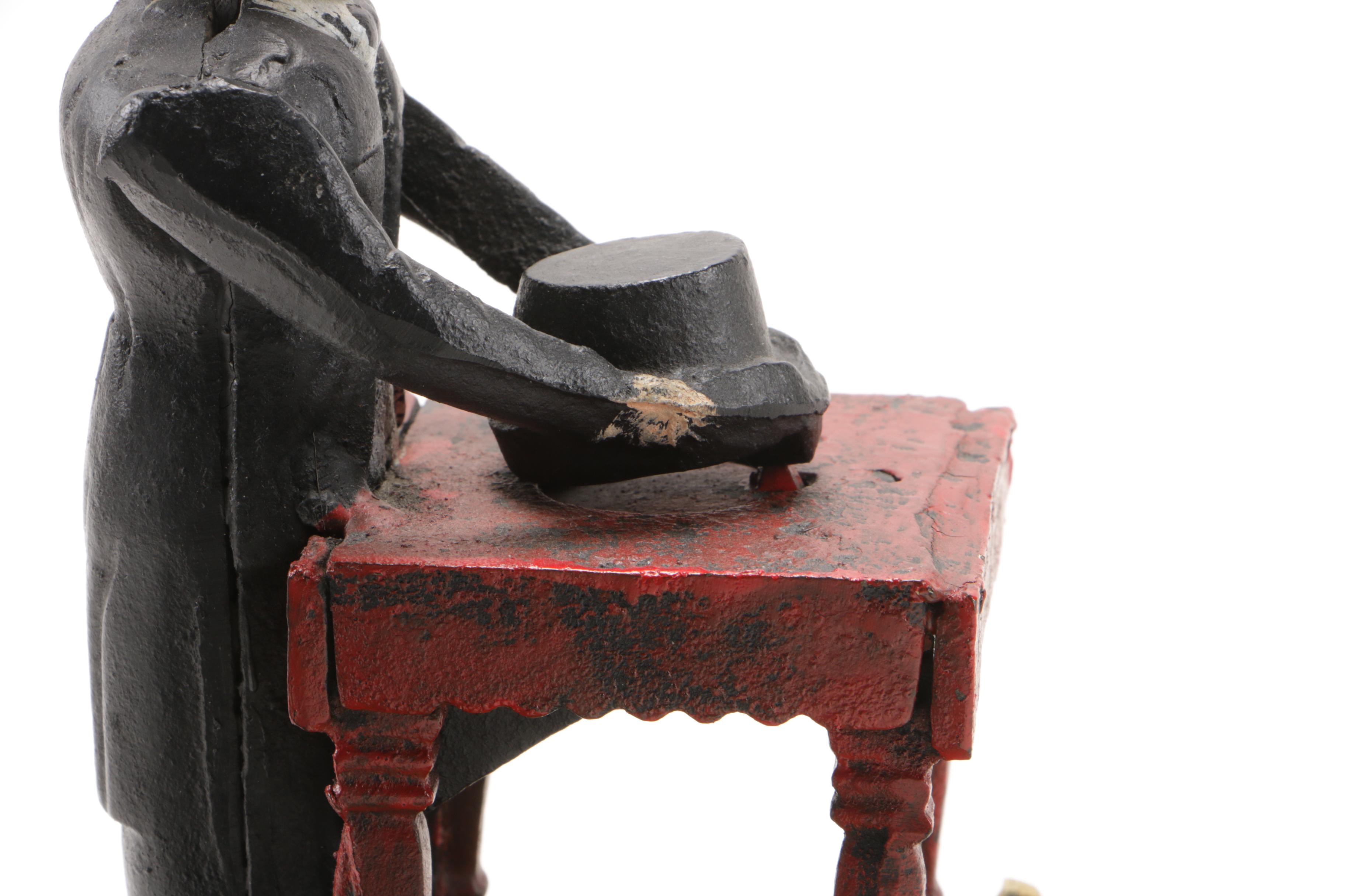 Magician with Hat Polychrome Painted Mechanical Cast Iron Bank