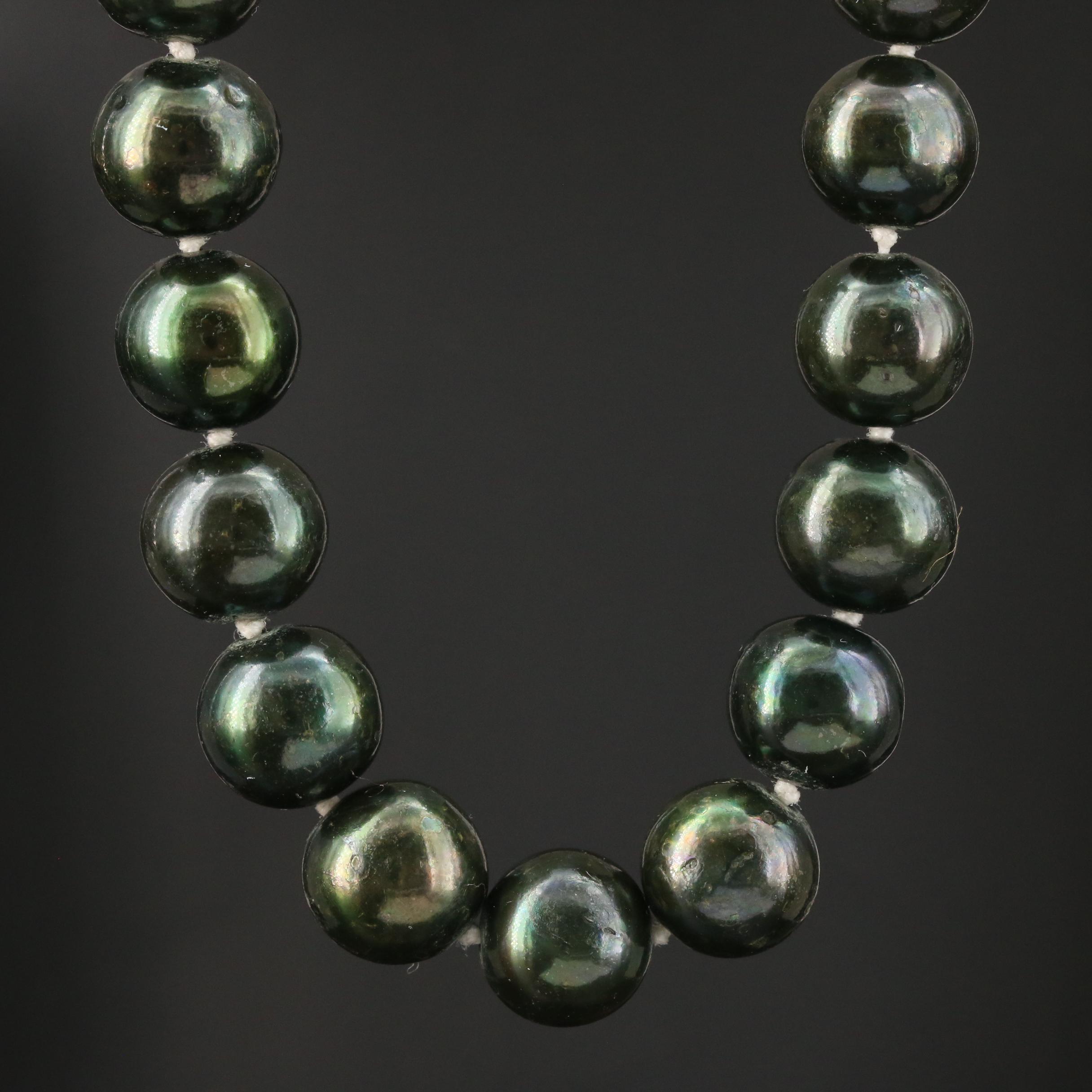 Dark Green Pearl Necklace with 14K Yellow Gold Clasp