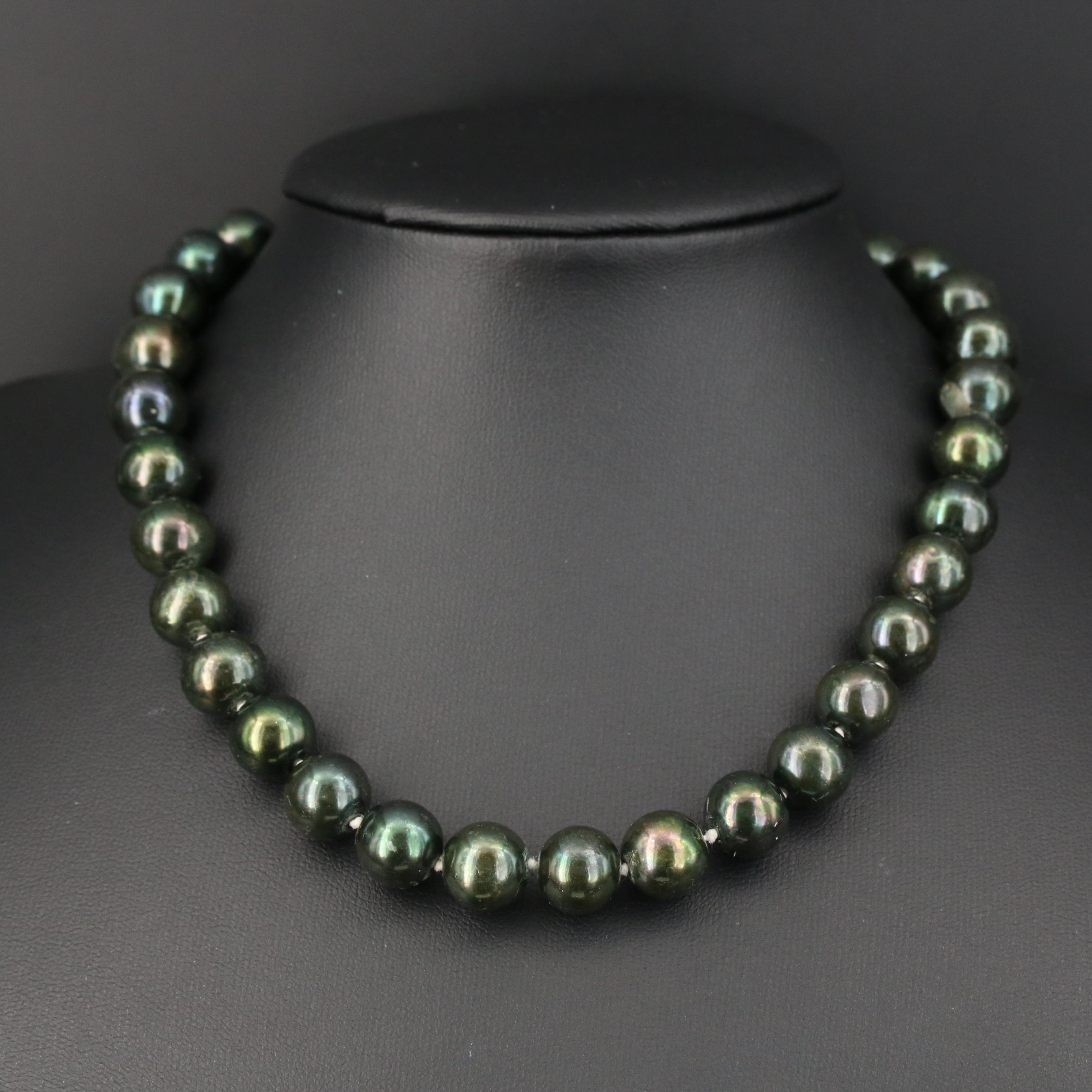 Dark Green Pearl Necklace with 14K Yellow Gold Clasp