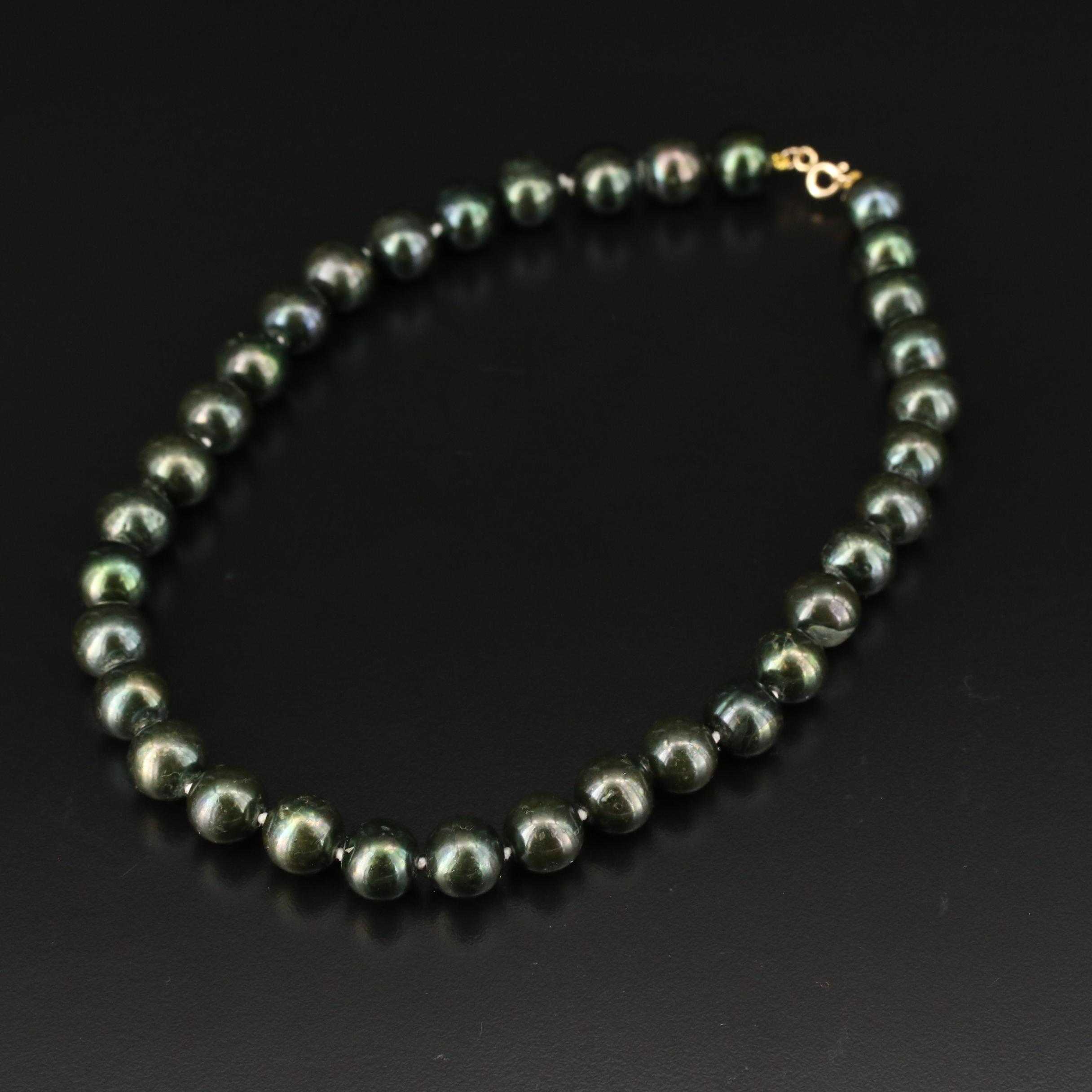 Dark Green Pearl Necklace with 14K Yellow Gold Clasp