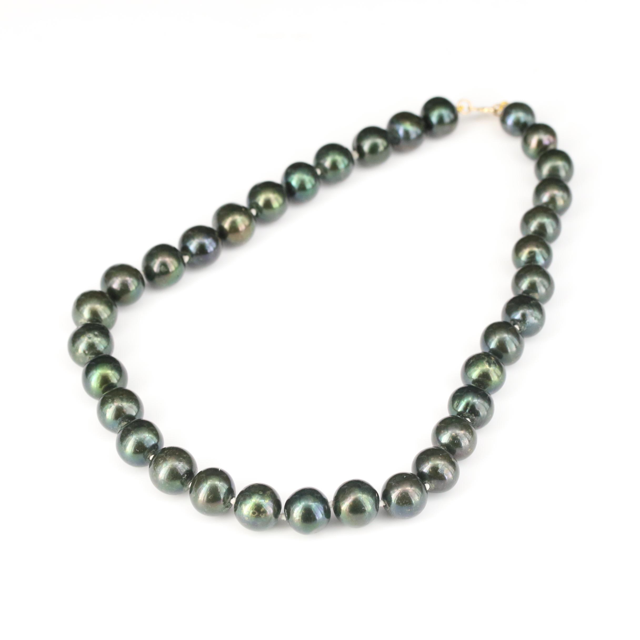 Dark Green Pearl Necklace with 14K Yellow Gold Clasp