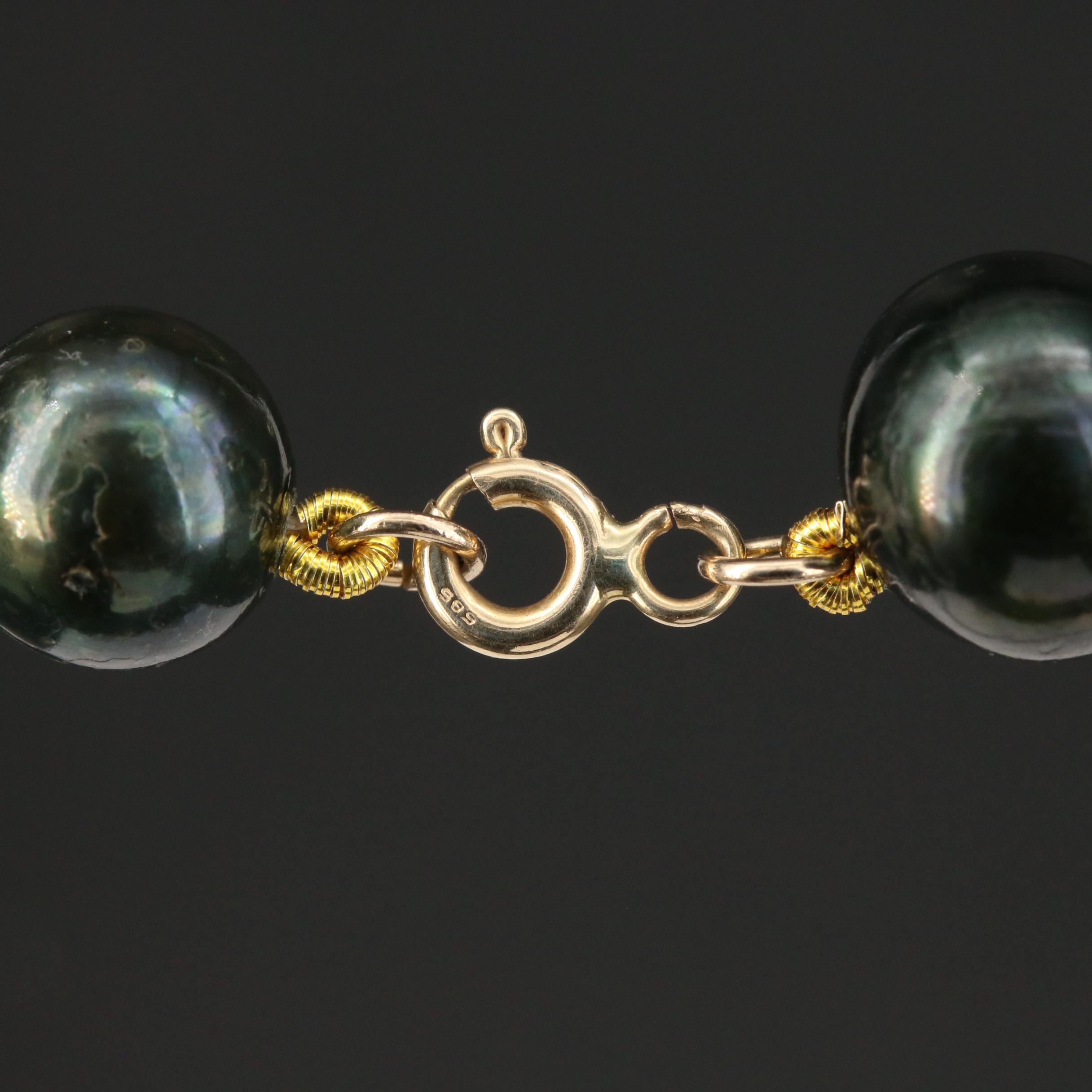 Dark Green Pearl Necklace with 14K Yellow Gold Clasp
