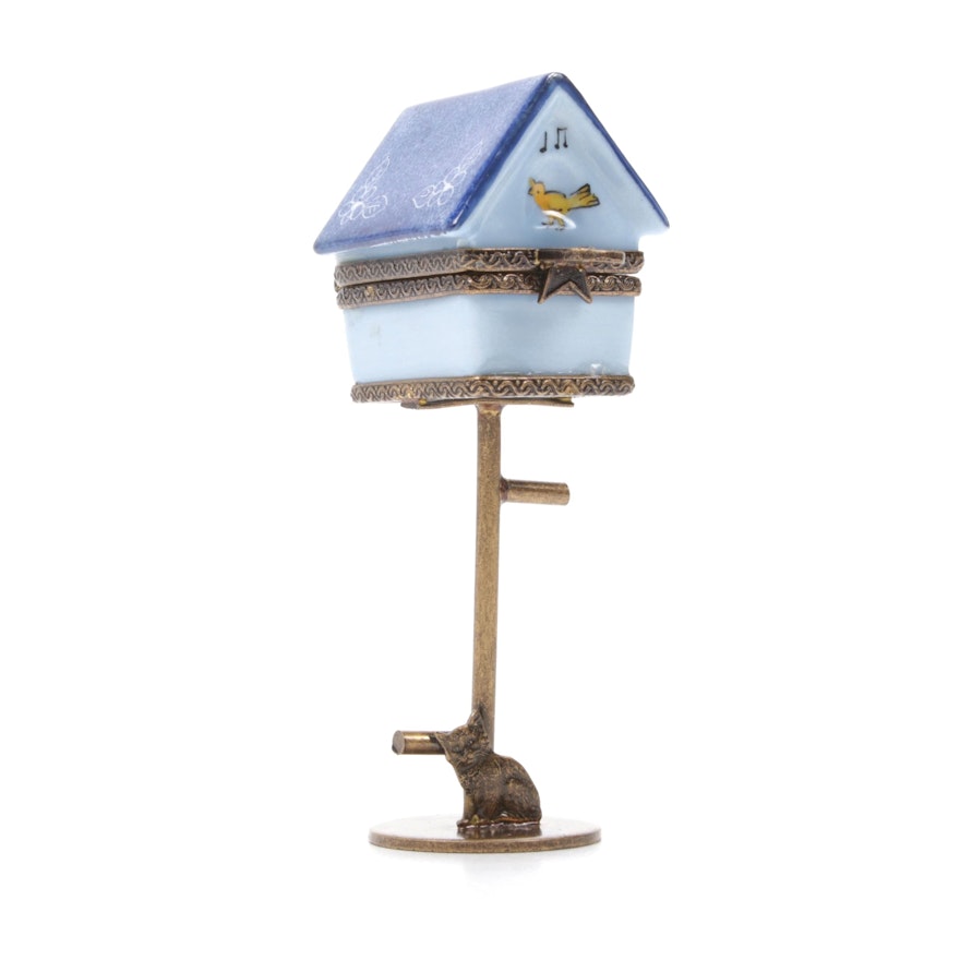Hand-Painted Porcelain Birdhouse on Pedestal Limoges Box