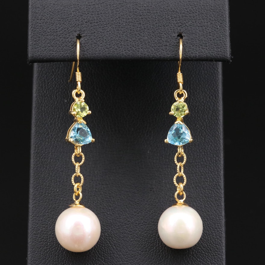 Sterling Silver Pearl, Topaz and Peridot Earrings
