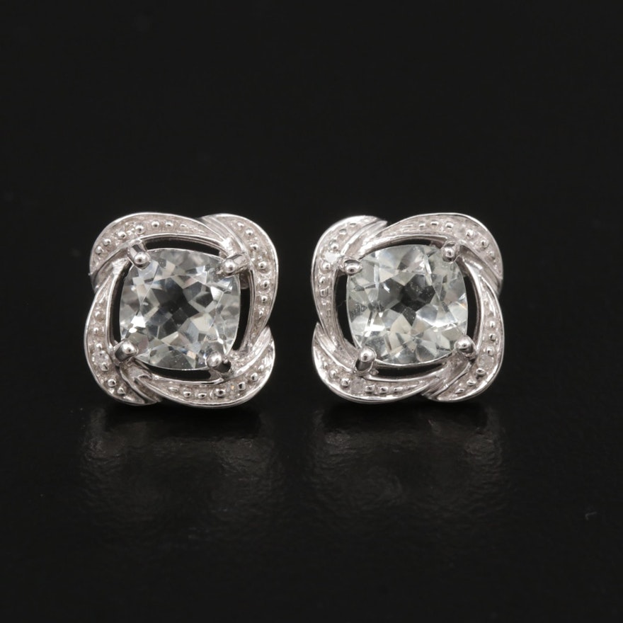 10K White Gold Prasiolite and Diamond Stud Earrings