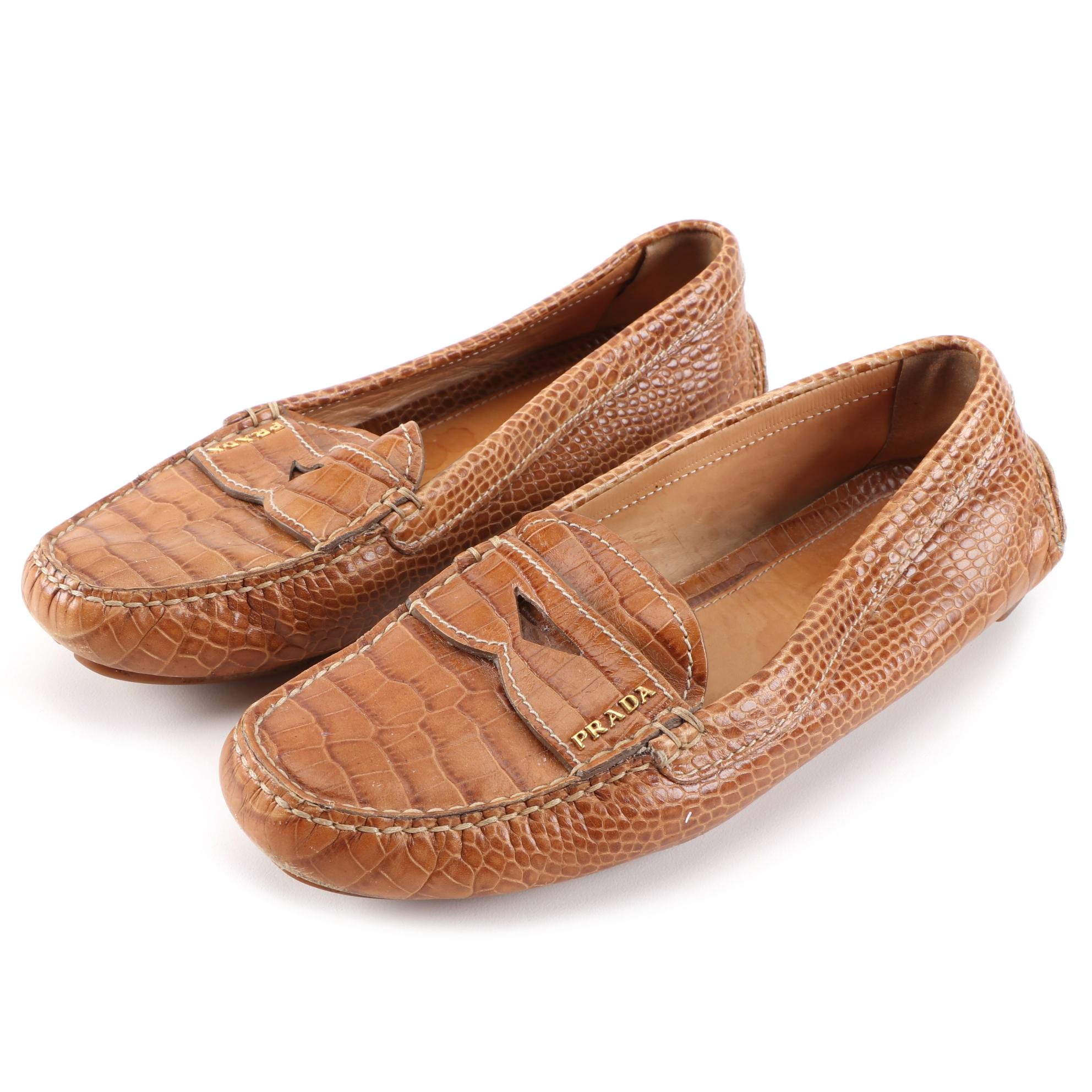 Prada Tan Alligator Embossed Leather Driving Loafers
