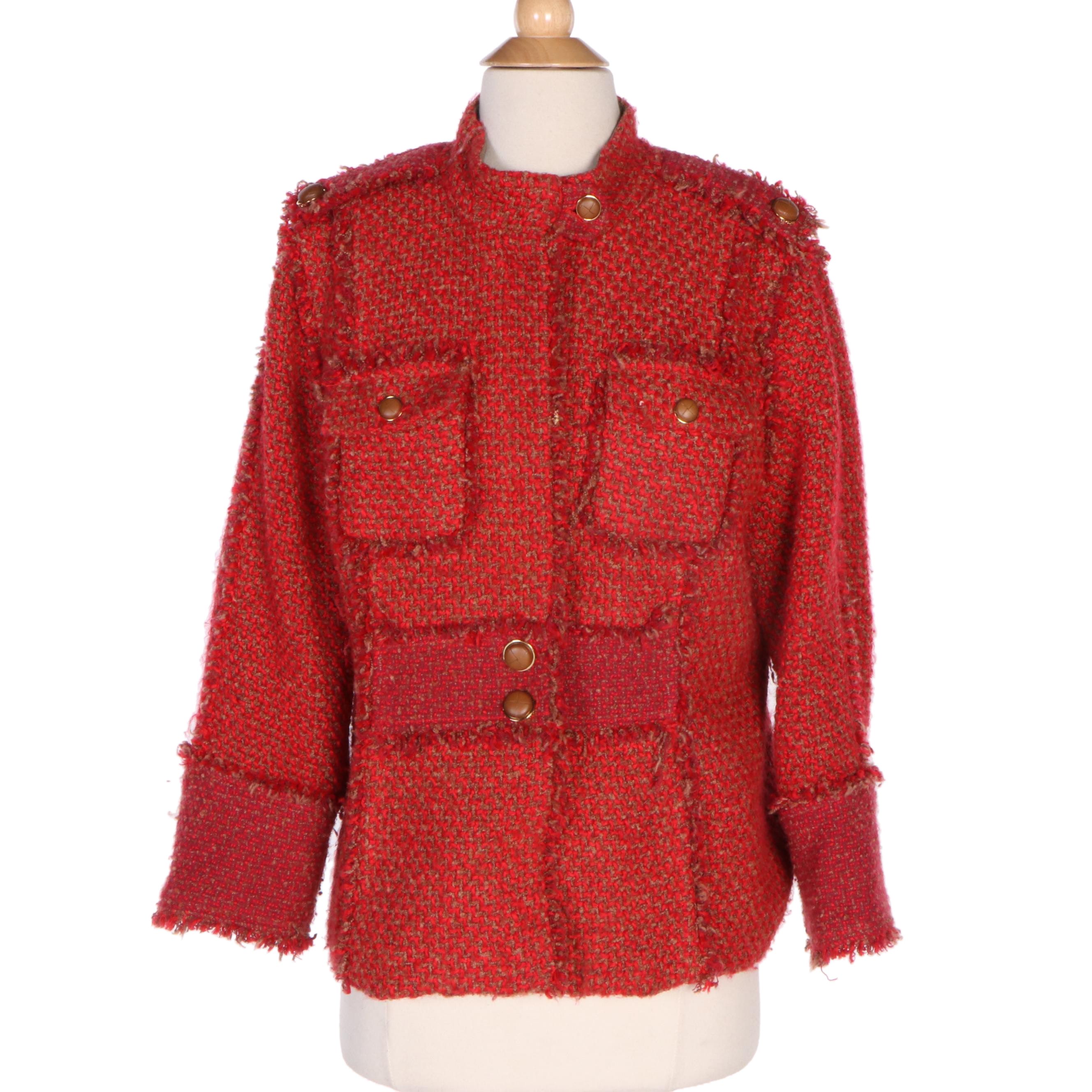 Tory Burch Red Bouclé Knit Kingston Tweed Jacket