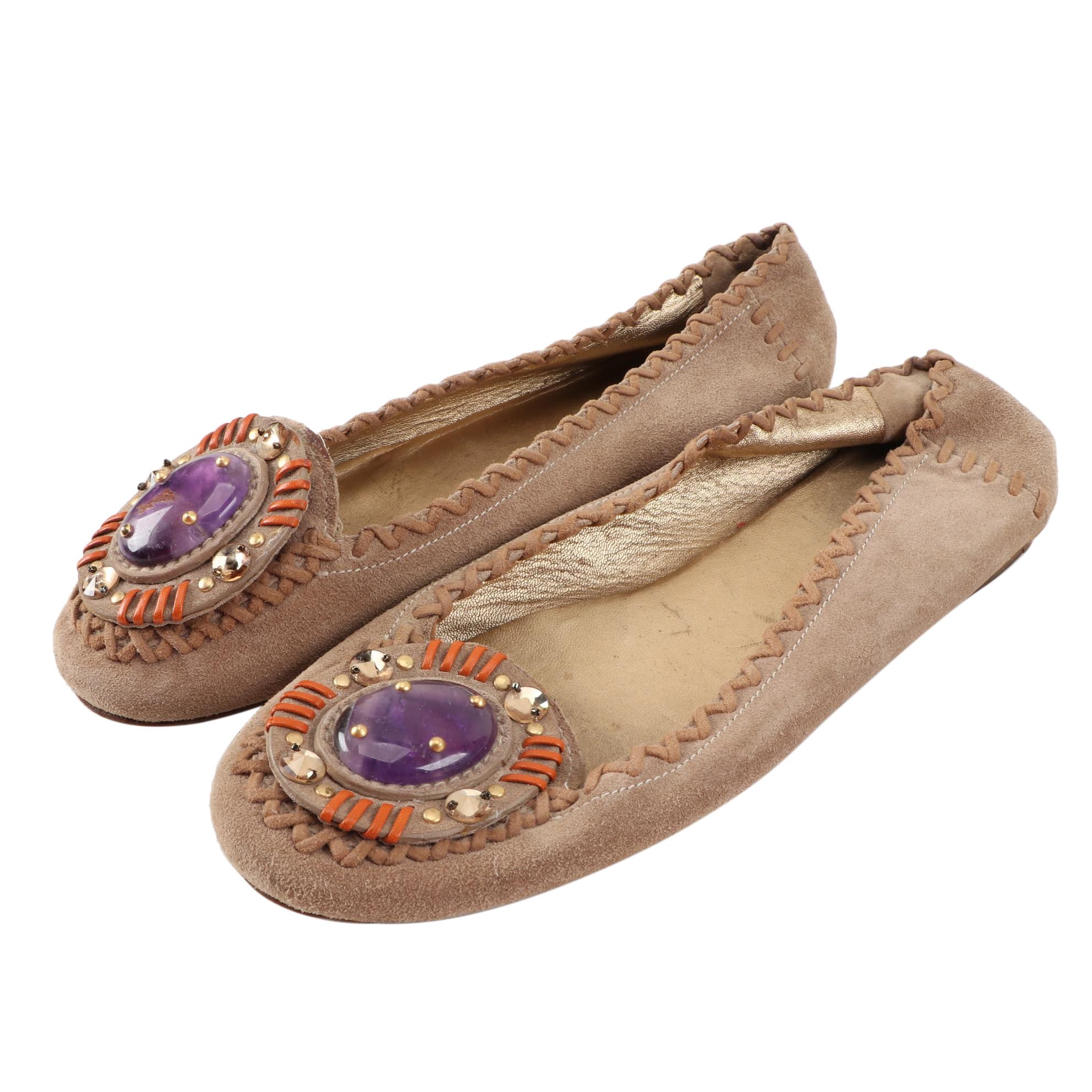 Prada Whipstitch Tan Suede Embellished Loafers