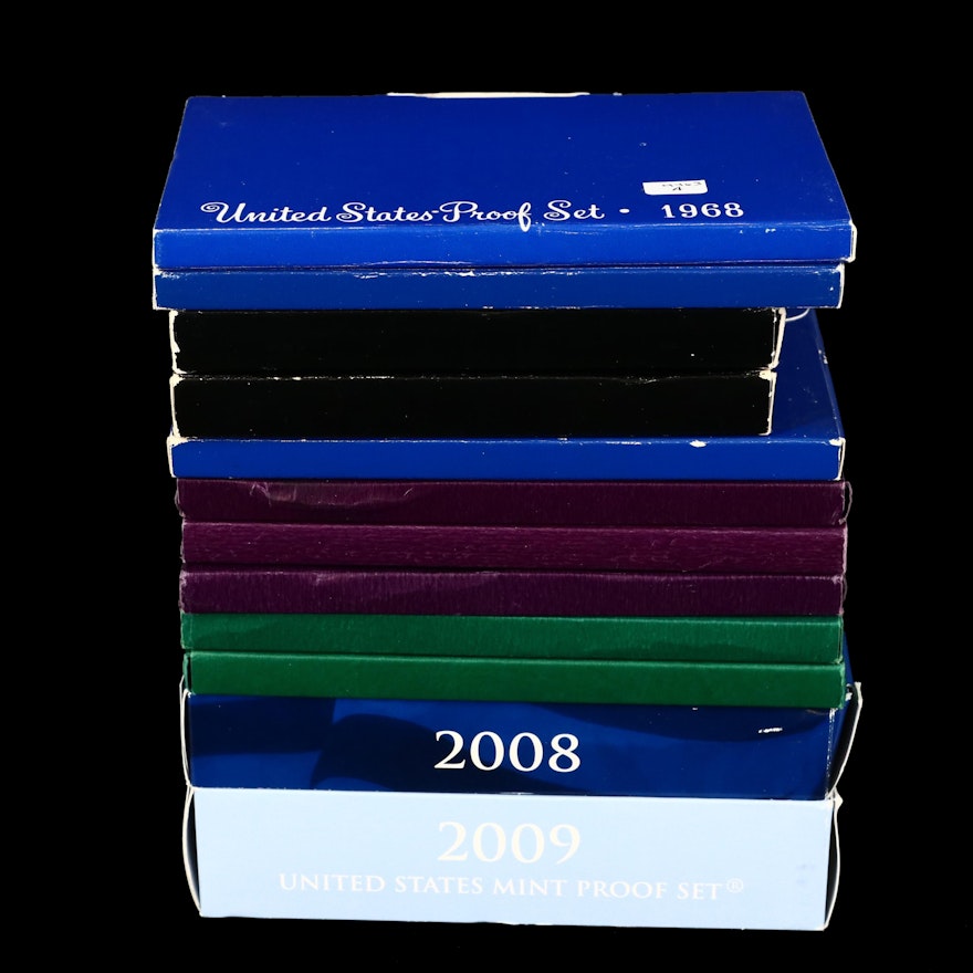 Twelve U.S. Mint Proof Sets, 1968 to 2009