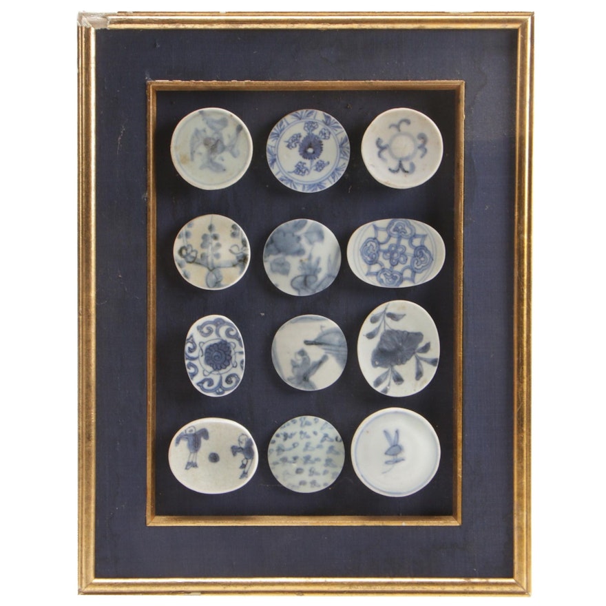 Framed East Asian Blue and White Porcelain Lids and Fragments