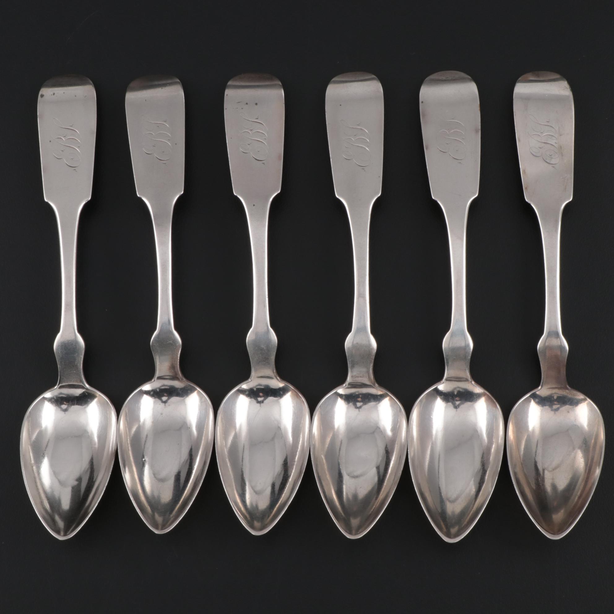 Brown & Kirby Fiddle Handle Coin Silver Teaspoons, Mid-19th Century