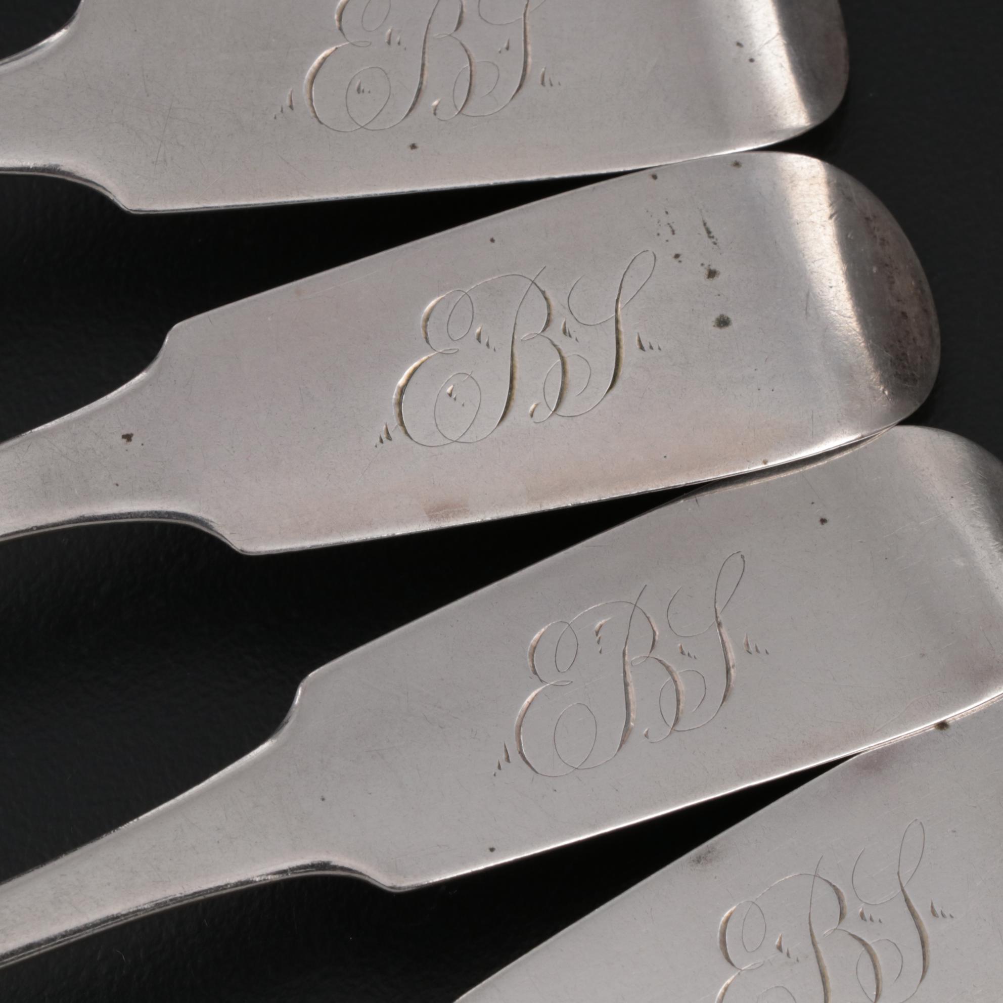 Brown & Kirby Fiddle Handle Coin Silver Teaspoons, Mid-19th Century