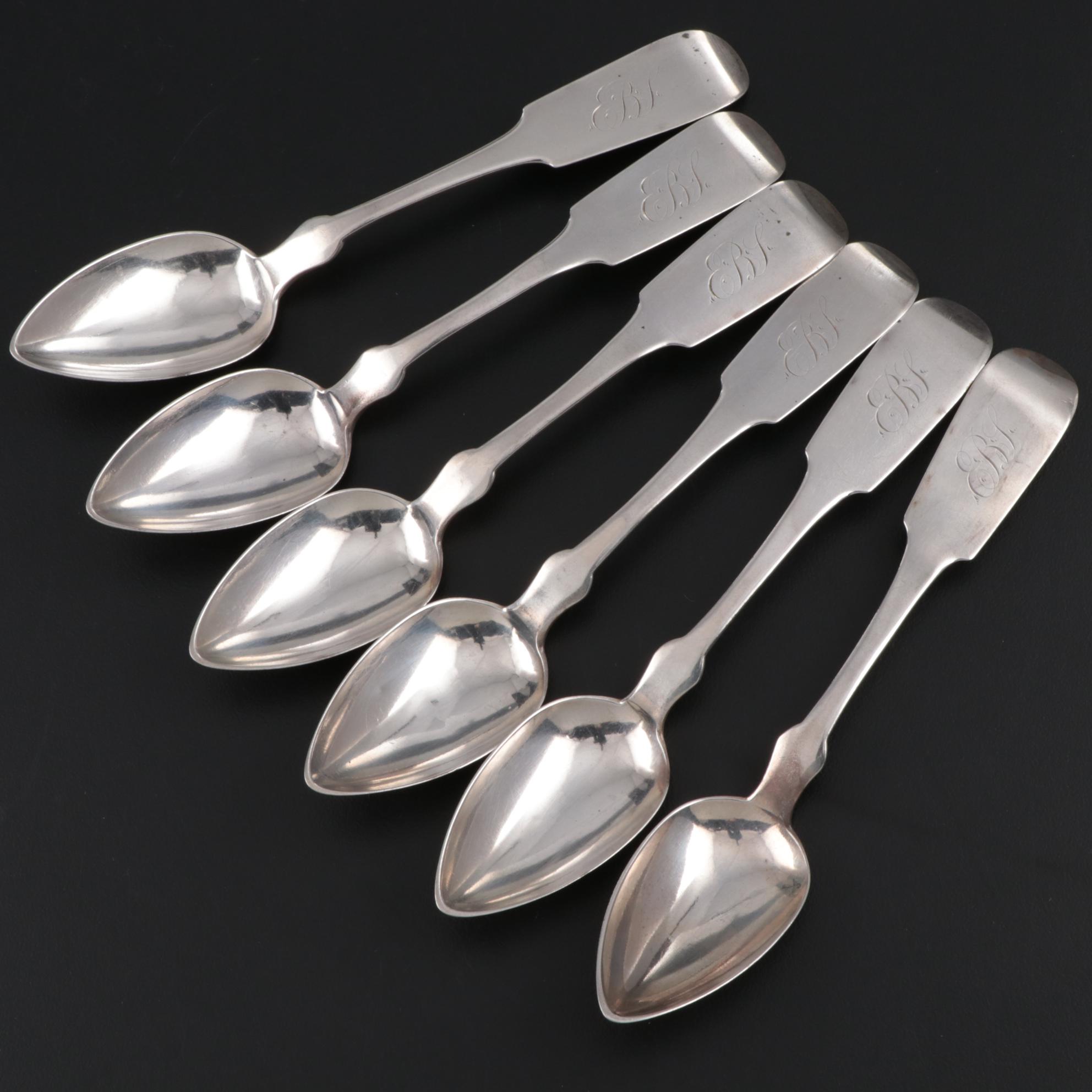 Brown & Kirby Fiddle Handle Coin Silver Teaspoons, Mid-19th Century