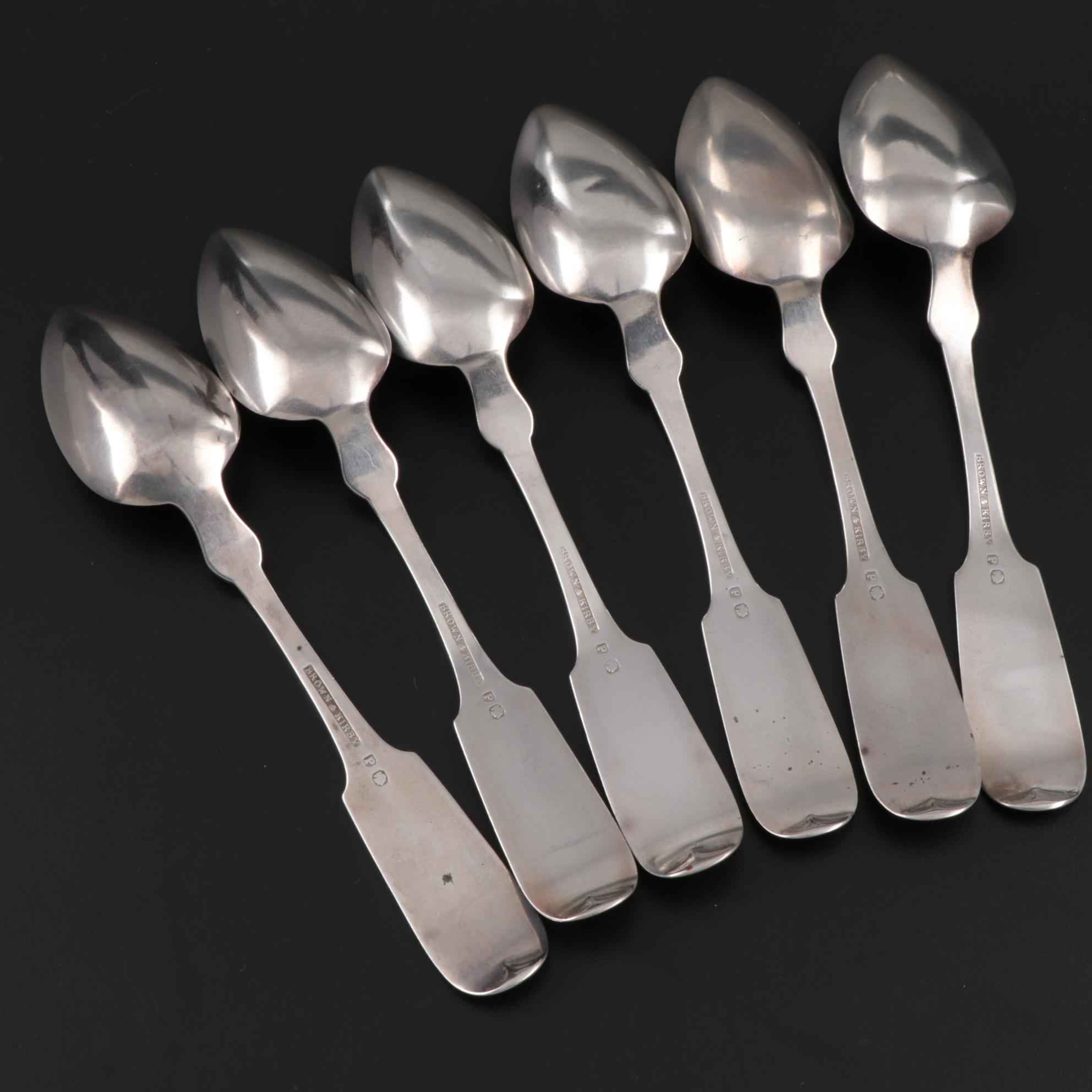 Brown & Kirby Fiddle Handle Coin Silver Teaspoons, Mid-19th Century