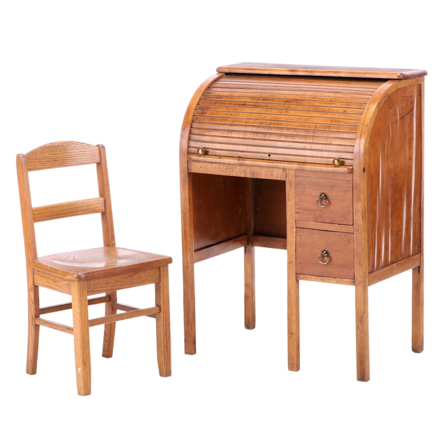 Children's Oak Roll-Top Desk and Chair, Early 20th Century