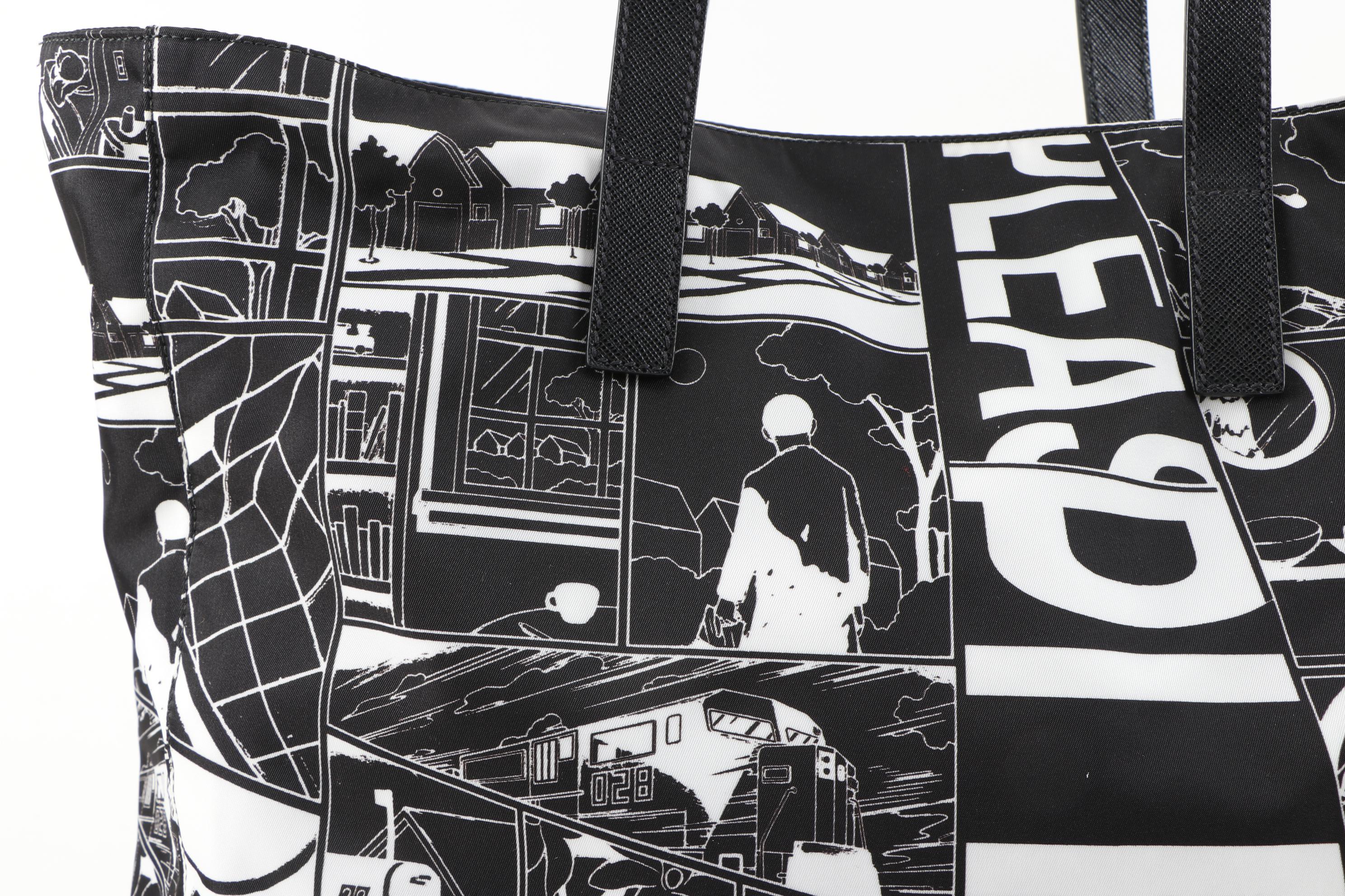 Prada Comic Print Tote Bag in Black and White Tessuto Nylon and Saffiano Leather