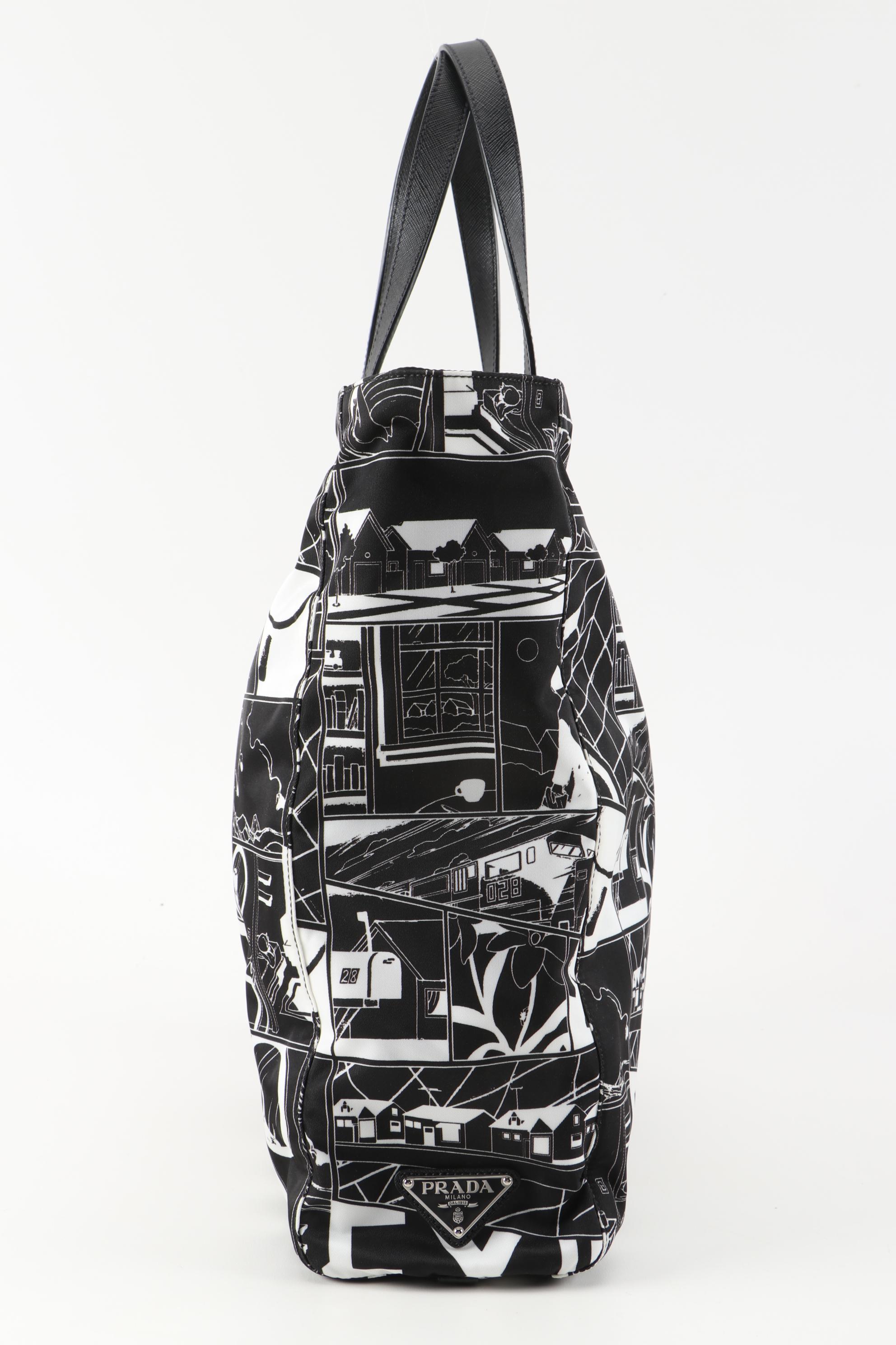 Prada Comic Print Tote Bag in Black and White Tessuto Nylon and Saffiano Leather