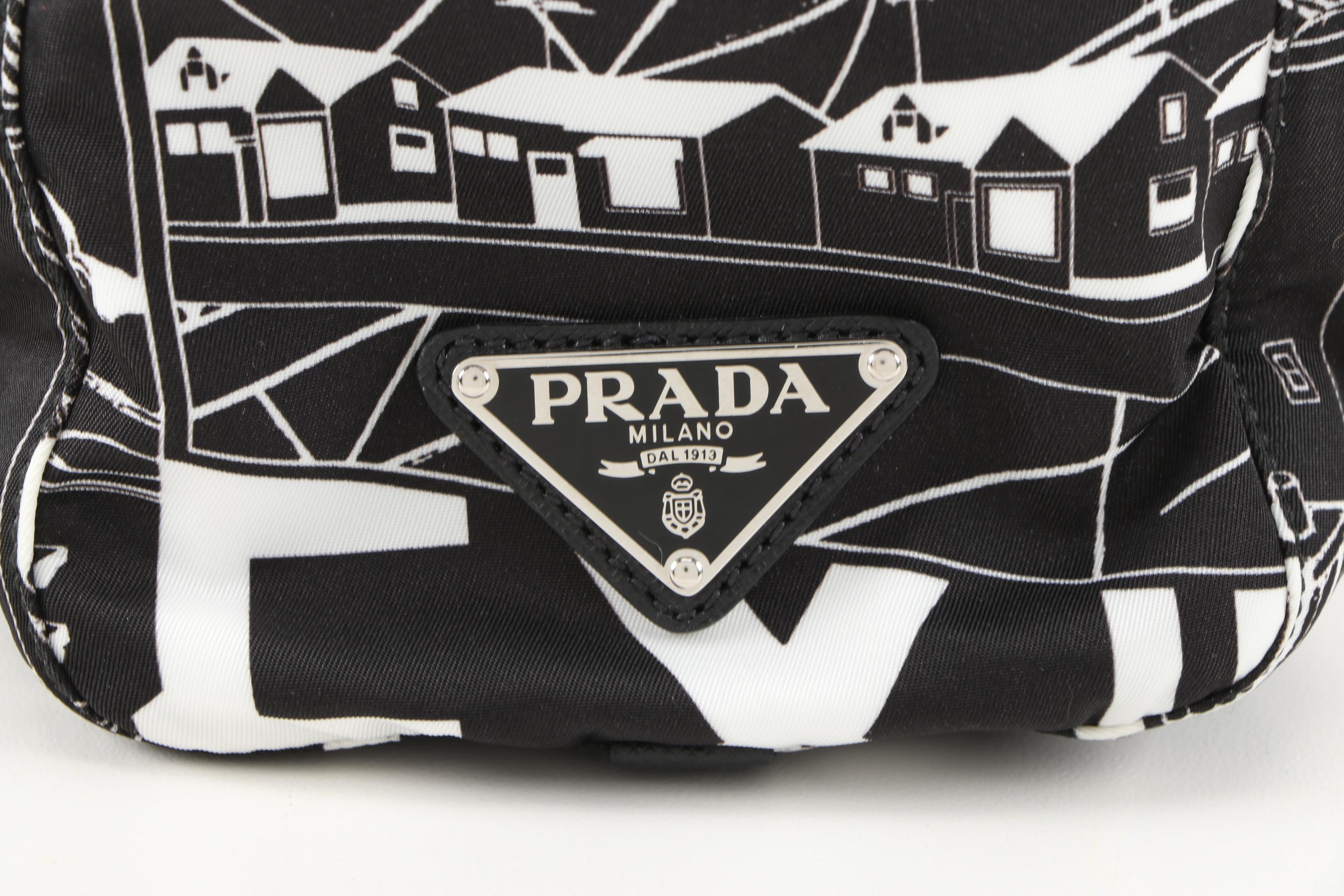 Prada Comic Print Tote Bag in Black and White Tessuto Nylon and Saffiano Leather