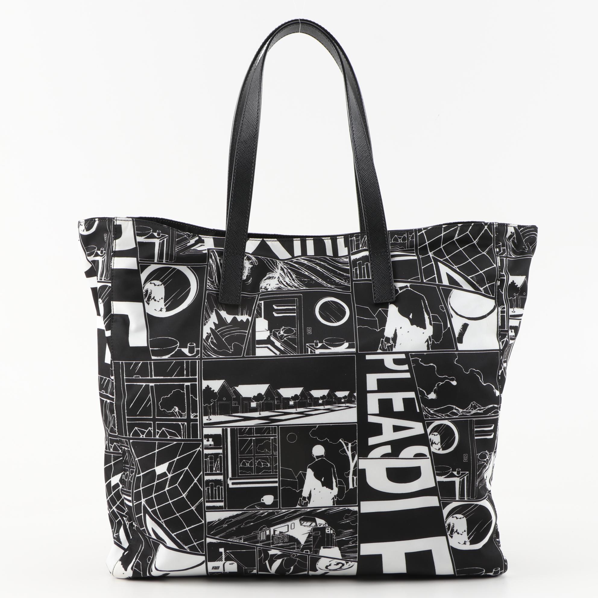 Prada Comic Print Tote Bag in Black and White Tessuto Nylon and Saffiano Leather
